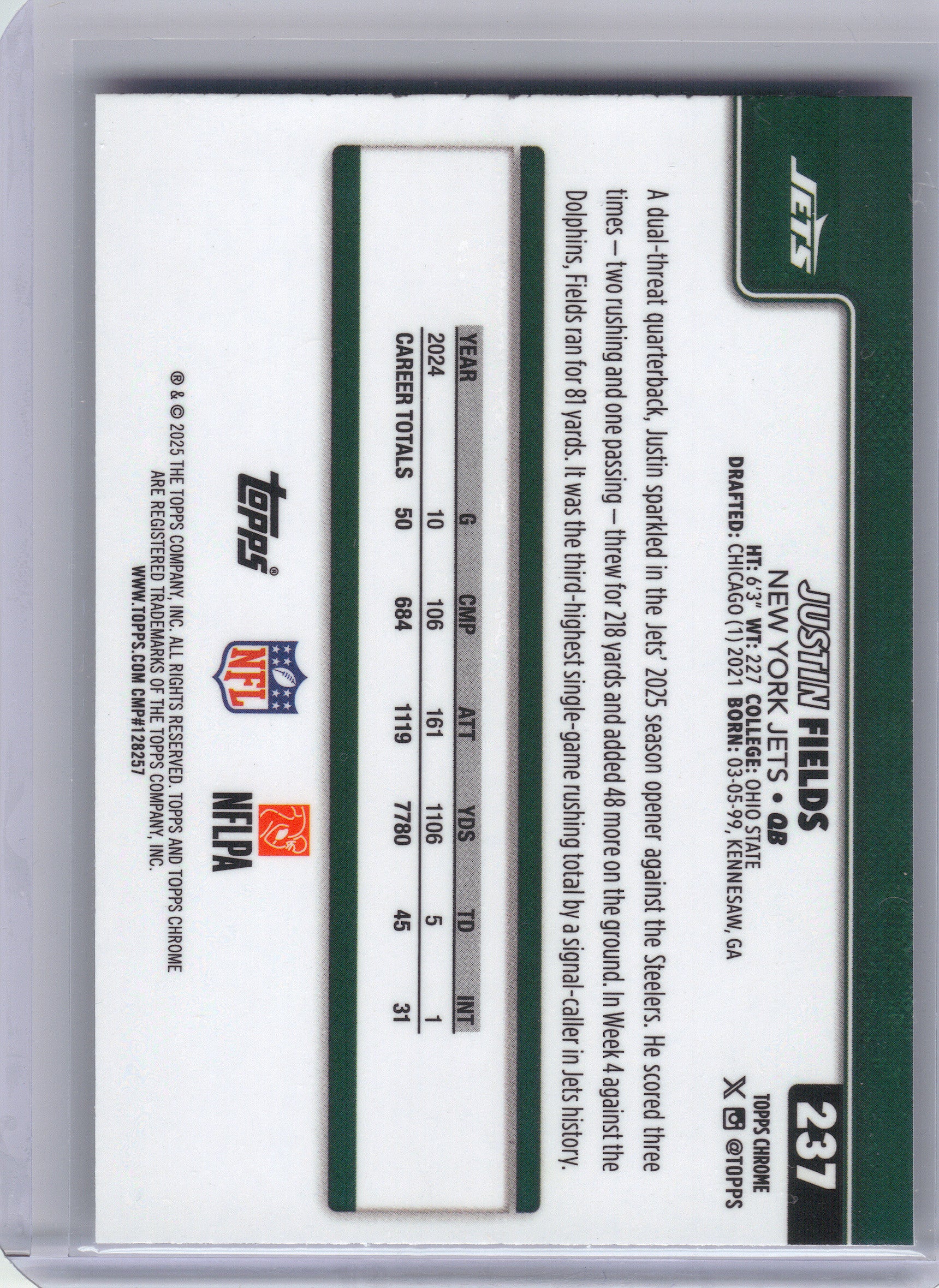 2025 Topps Chrome #237 Justin Fields Ray Wave Refractor New York Jets