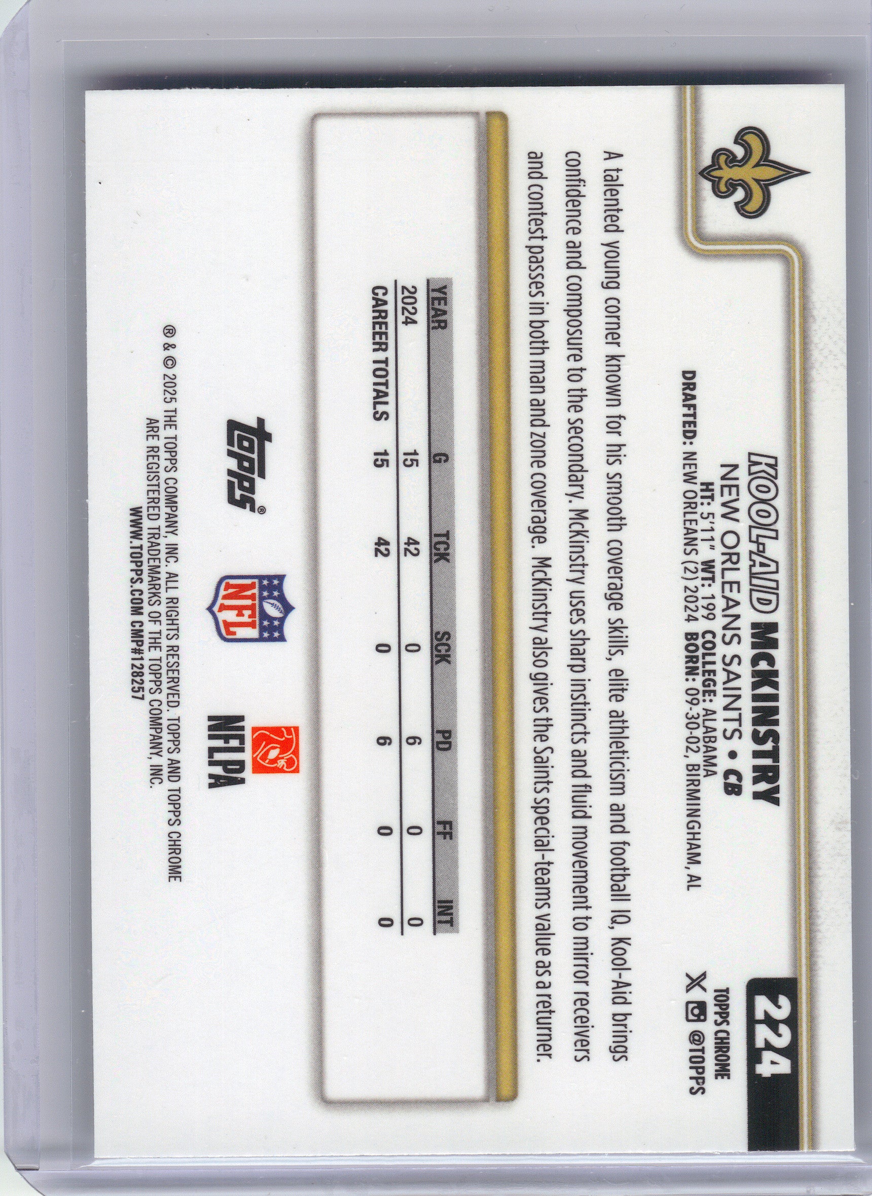 2025 Topps Chrome #224 Kool-Aid McKinstry Pulsar Refractor New Orleans Saints