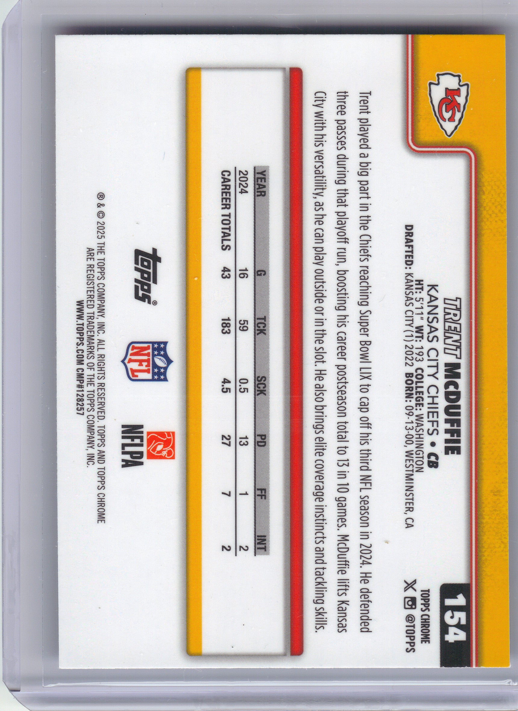 2025 Topps Chrome #154 Trent McDuffie Red White and Blue Refractor Kansas City Chiefs
