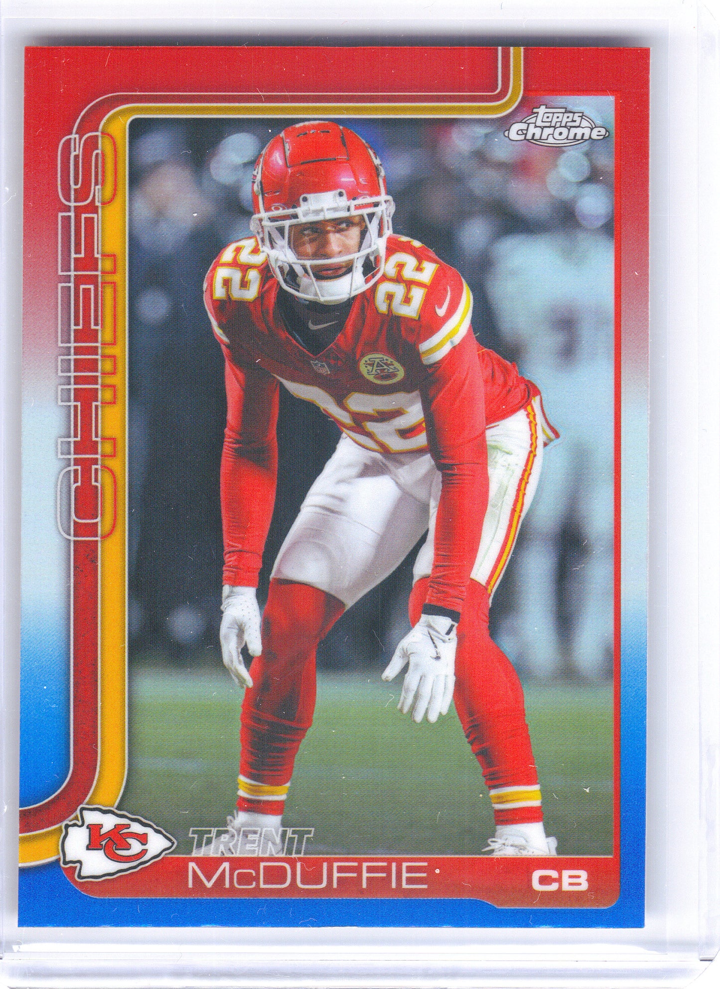 2025 Topps Chrome #154 Trent McDuffie Red White and Blue Refractor Kansas City Chiefs