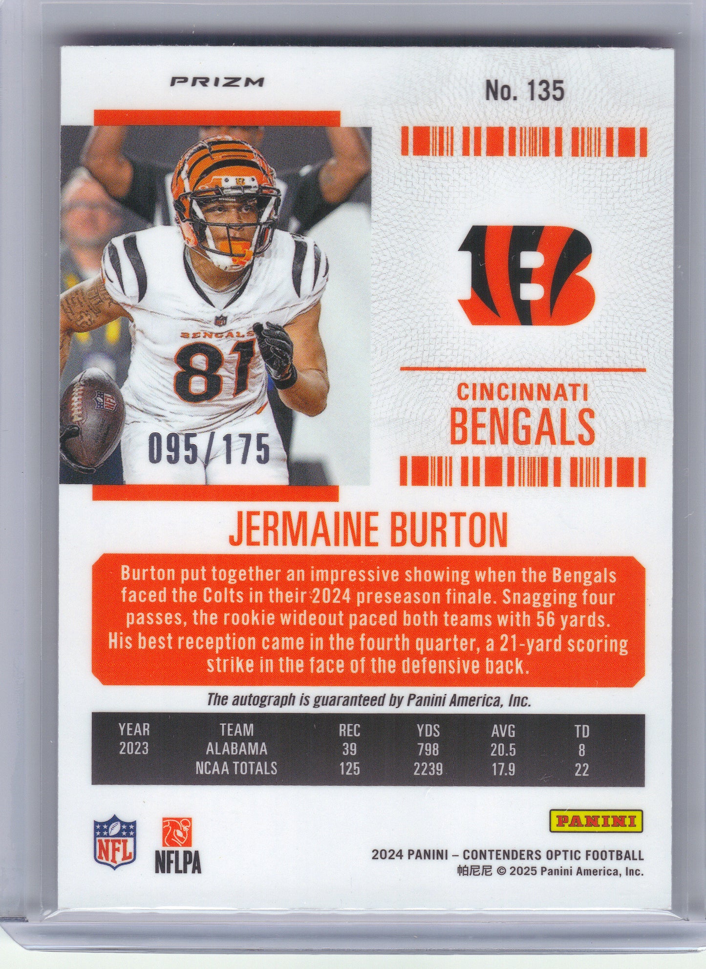 2024 Panini Contenders Optic #135 Jermaine Burton Red #/175 Cincinnati Bengals SN,RC,AU