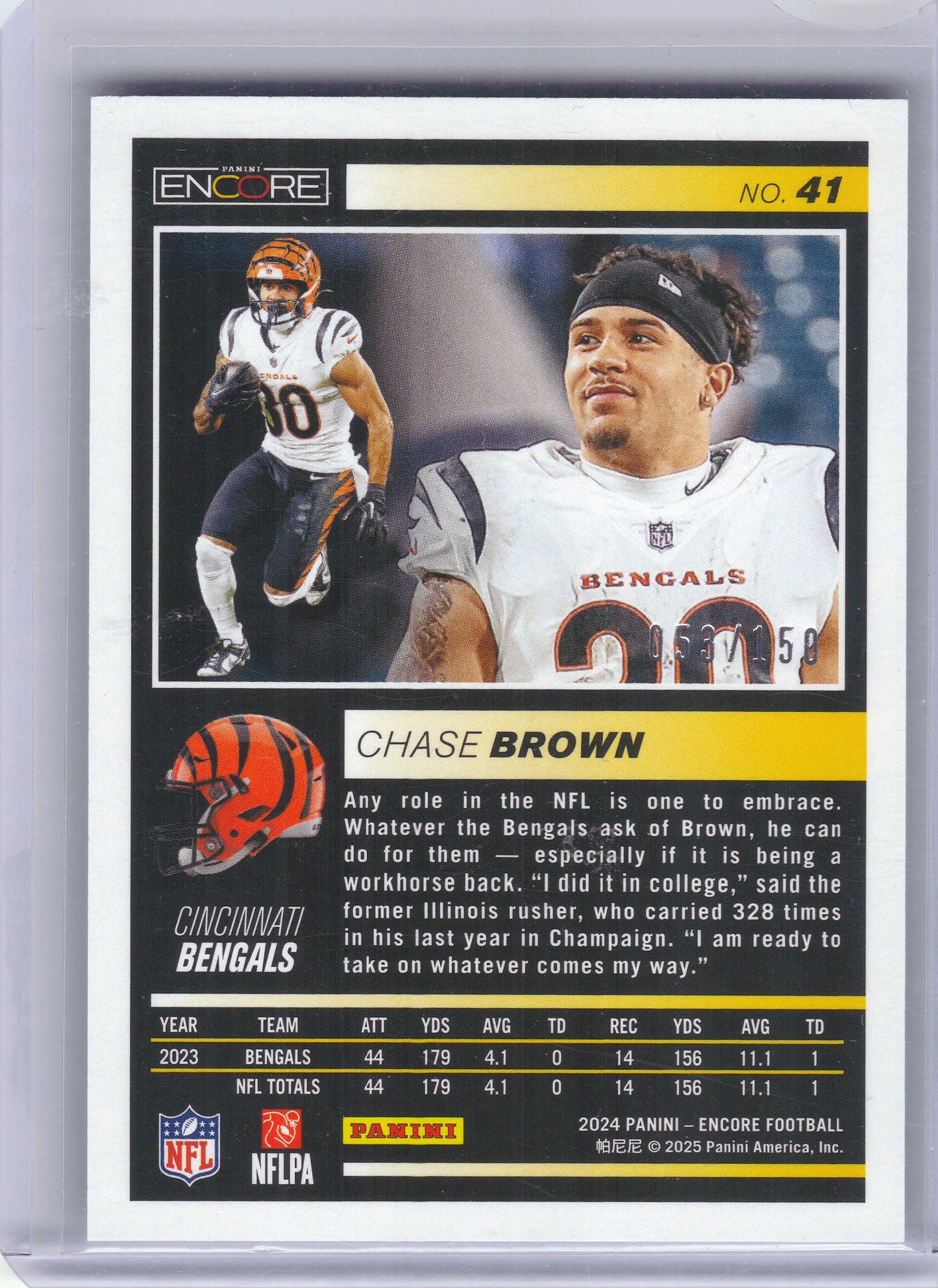 2024 Panini Encore #41 Chase Brown Silver #/150 Cincinnati Bengals SN