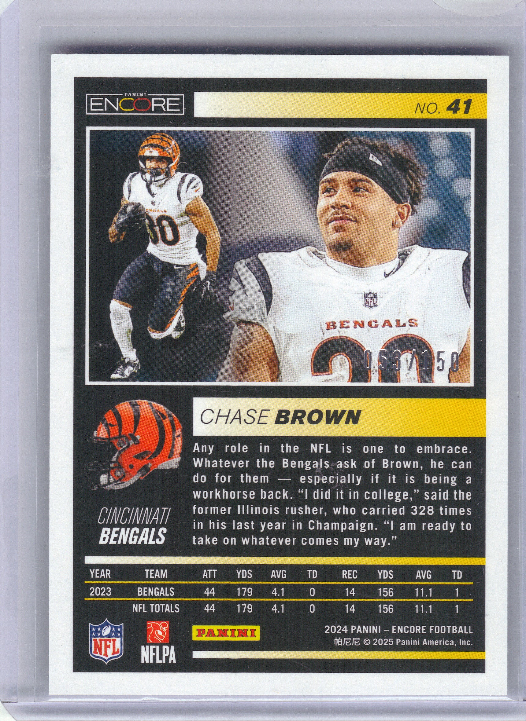 2024 Panini Encore #41 Chase Brown Silver #/150 Cincinnati Bengals SN