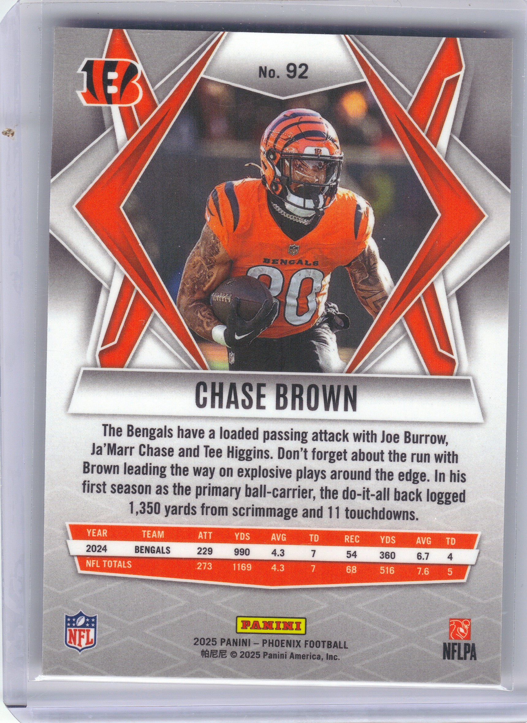 2025 Panini Phoenix #92 Chase Brown Silver Pyramids Prizm Cincinnati Bengals