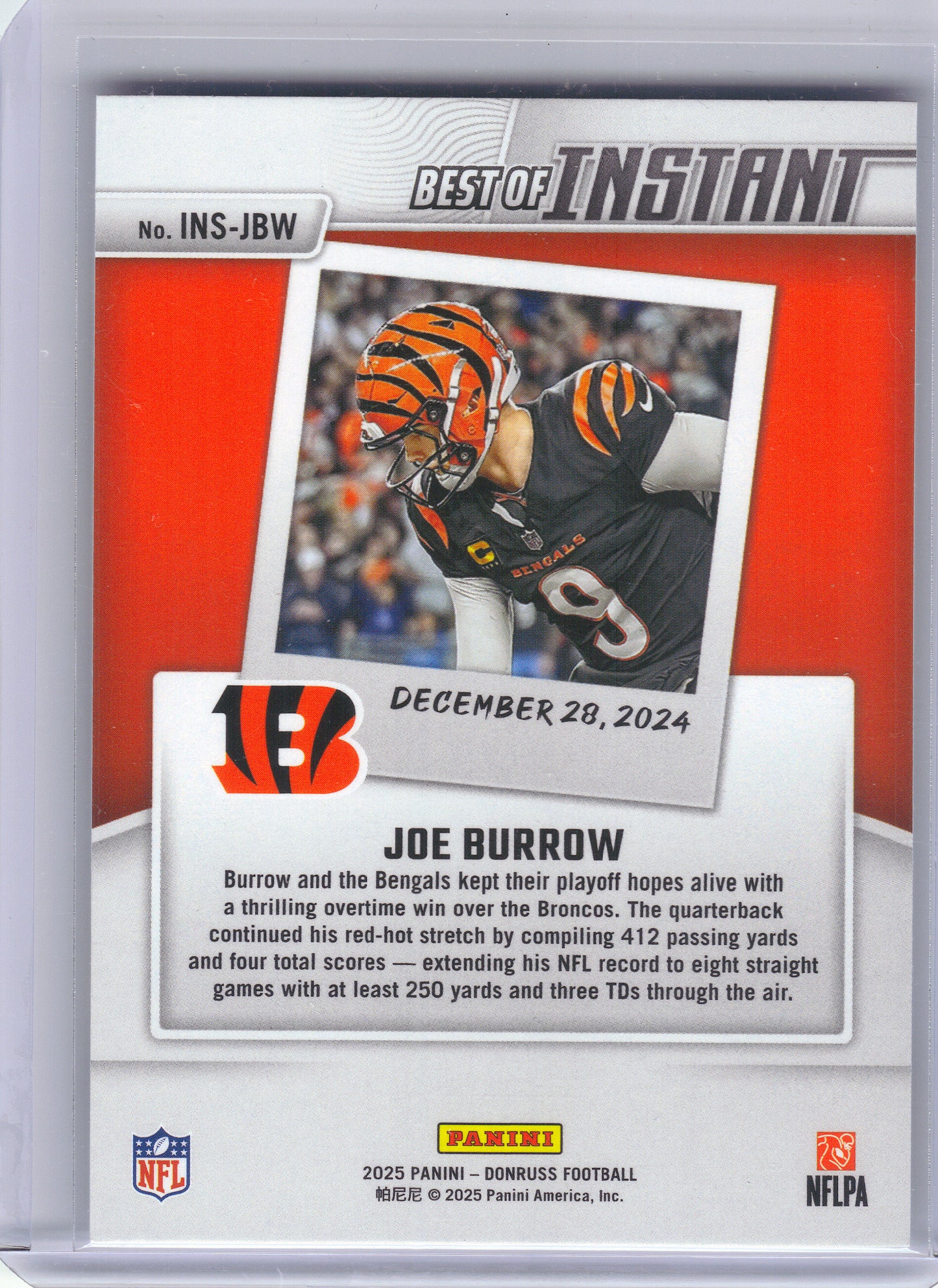 2025 Donruss #INS-JBW Joe Burrow Best of Instant Cincinnati Bengals