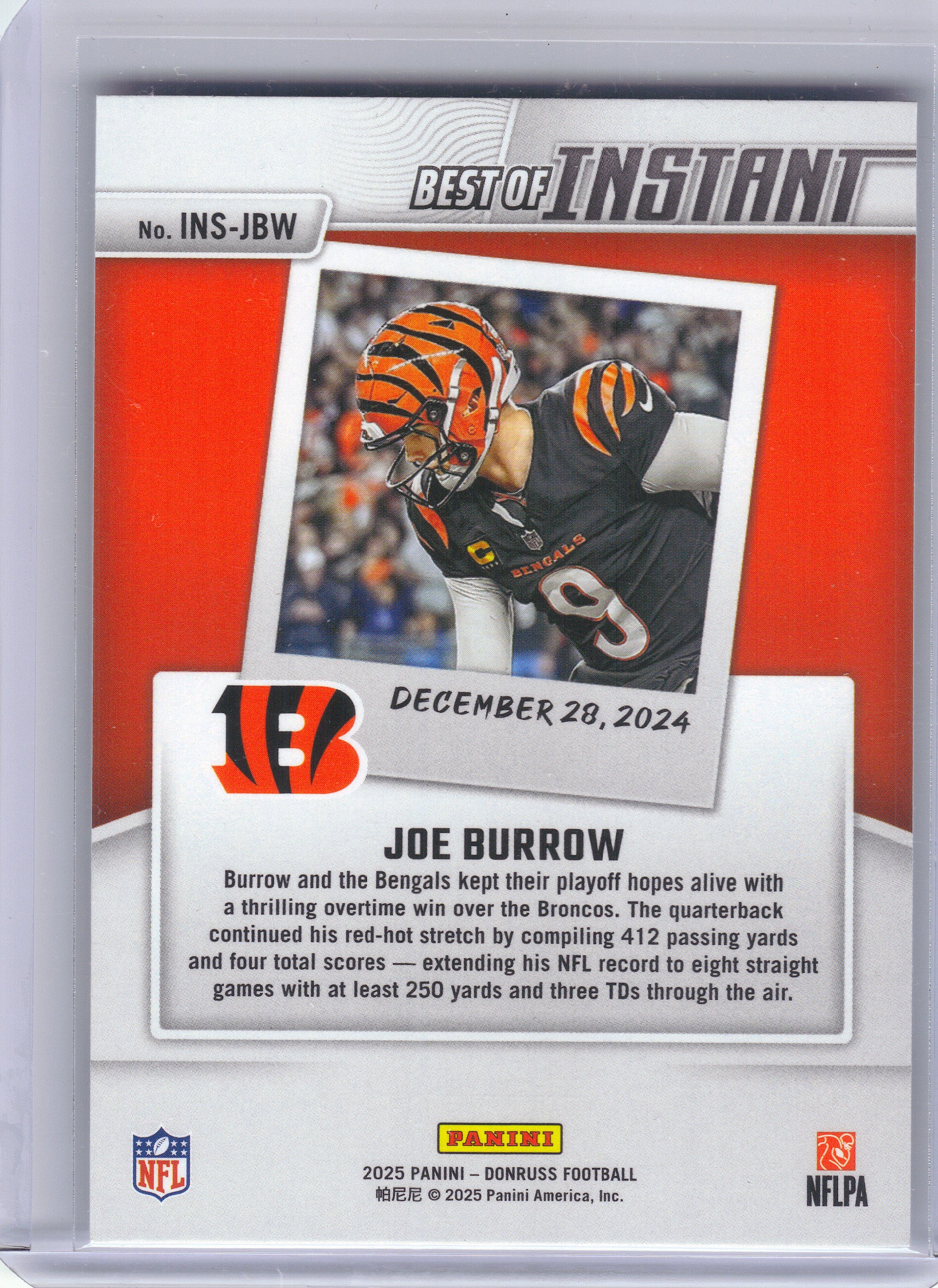 2025 Donruss #INS-JBW Joe Burrow Best of Instant Cincinnati Bengals