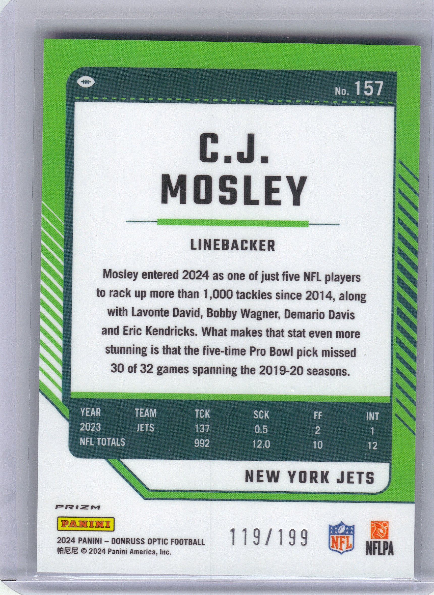 2024 Donruss Optic #157 C.J. Mosley Blue #/199 New York Jets SN