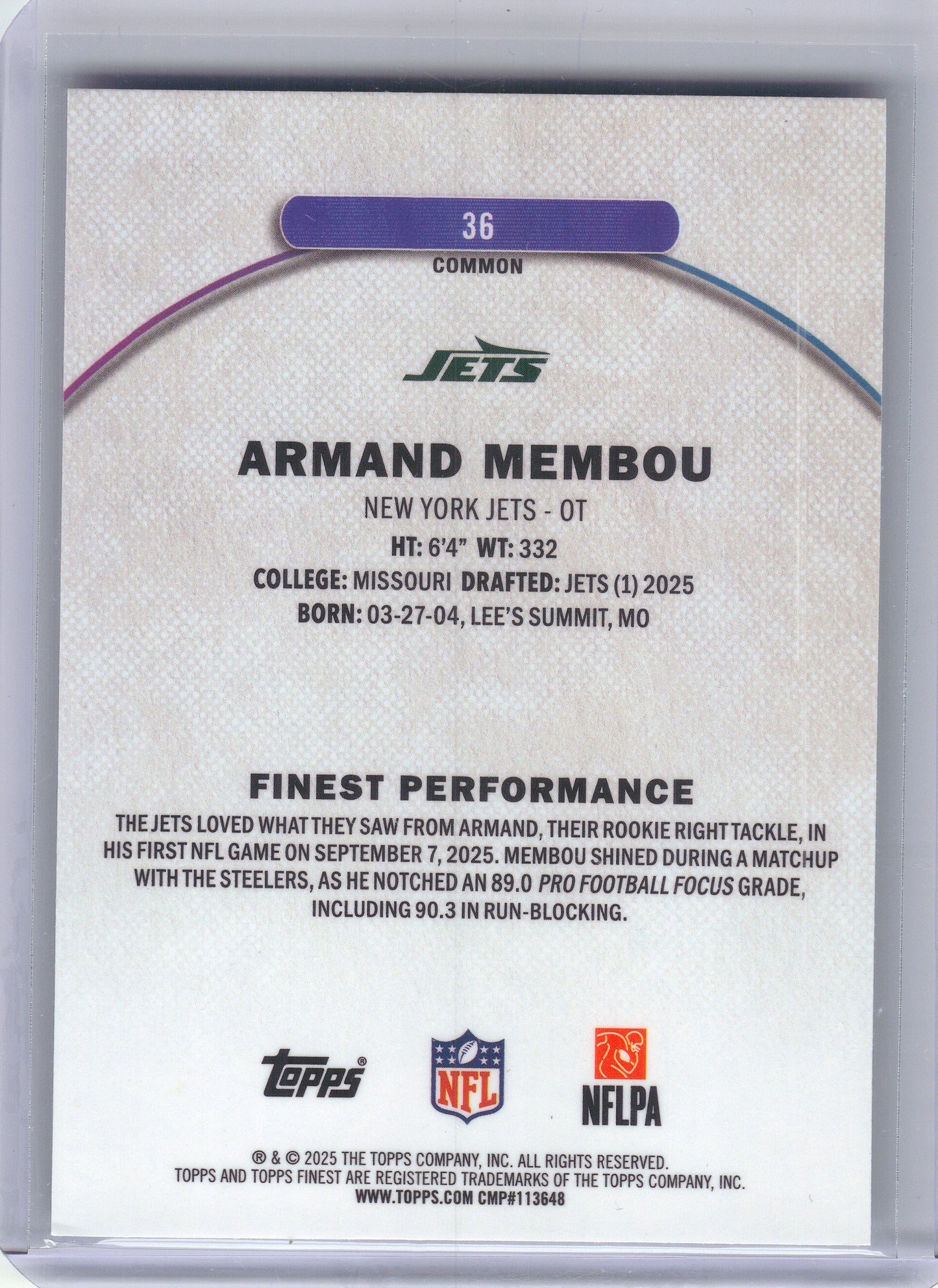 2025 Finest #36 Armand Membou New York Jets RC