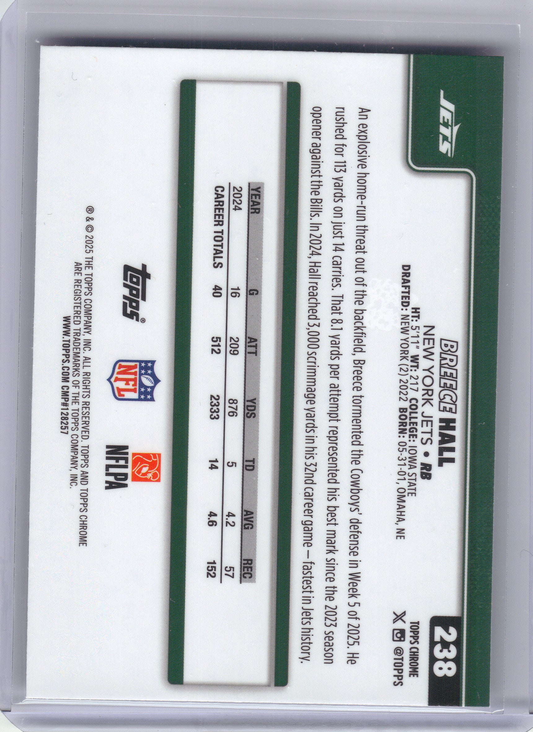2025 Topps Chrome #238 Breece Hall X-Fractor New York Jets
