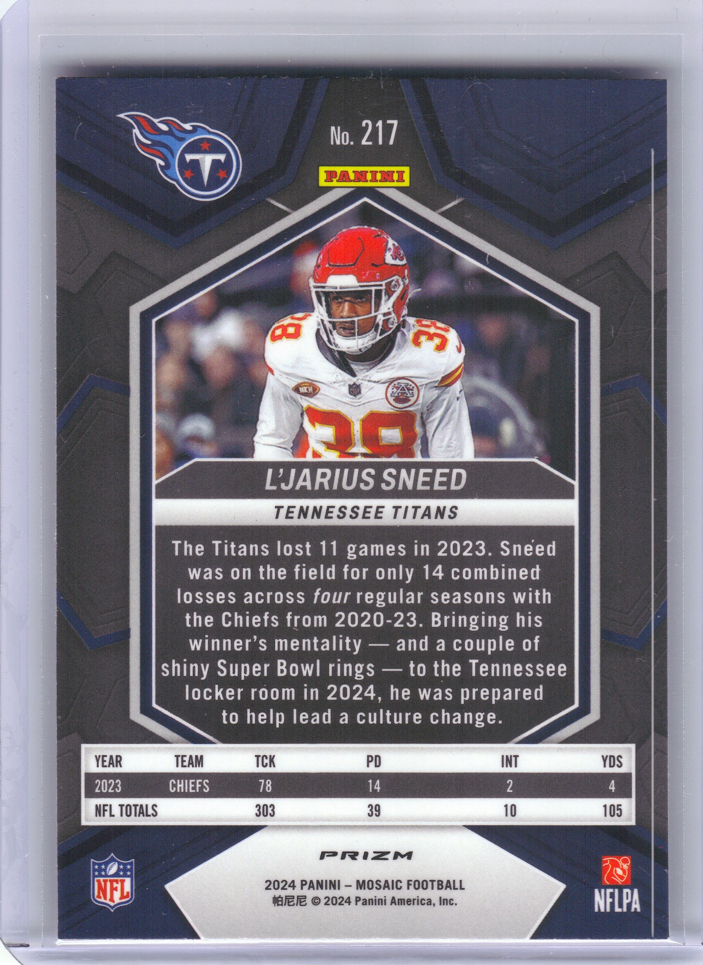 2024 Panini Mosaic #217 L'Jarius Sneed Mosaic Camo Pink Tennessee Titans