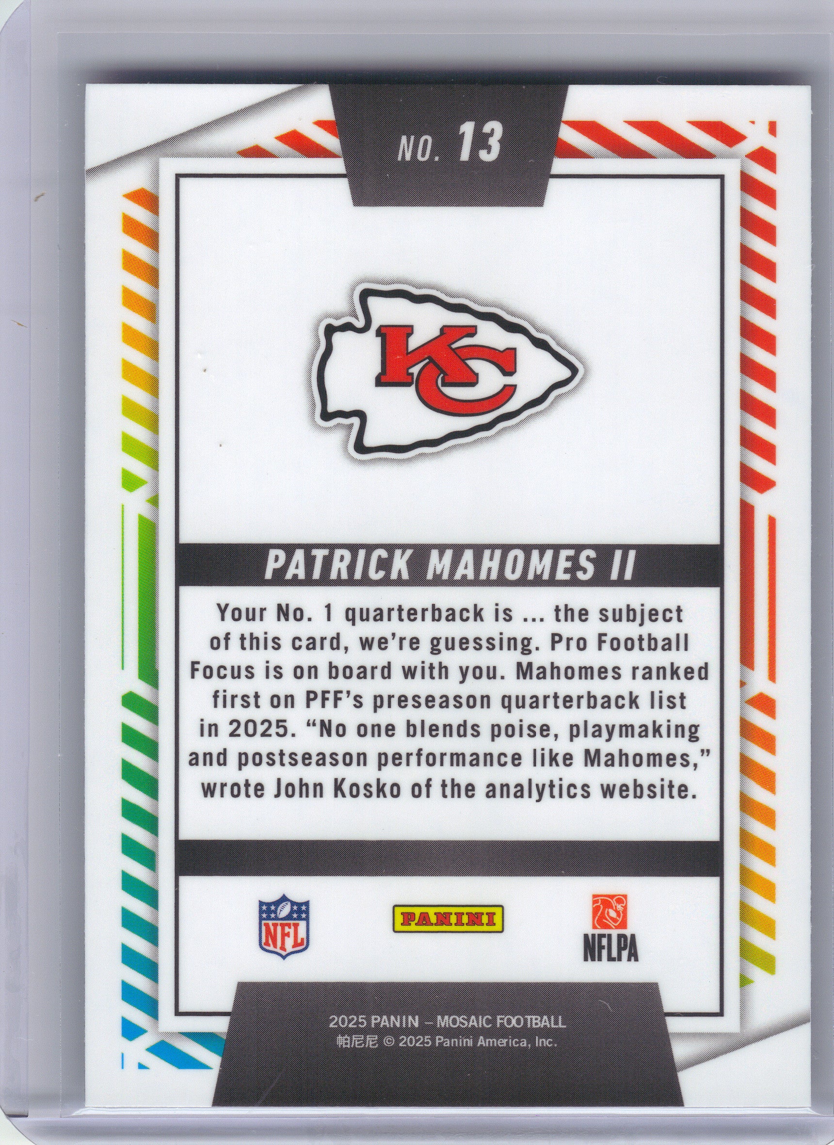 2025 Panini Mosaic #13 Patrick Mahomes II Men of Mastery Kansas City Chiefs