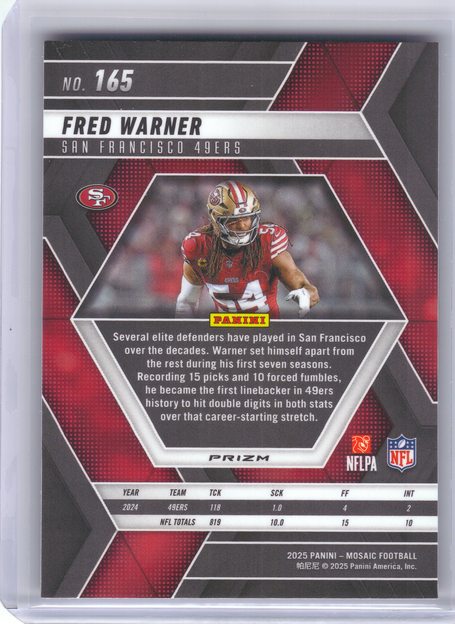 2025 Panini Mosaic #165 Fred Warner Mosaic Red Color Match San Francisco 49ers
