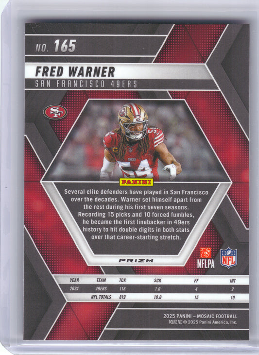 2025 Panini Mosaic #165 Fred Warner Mosaic Red Color Match San Francisco 49ers