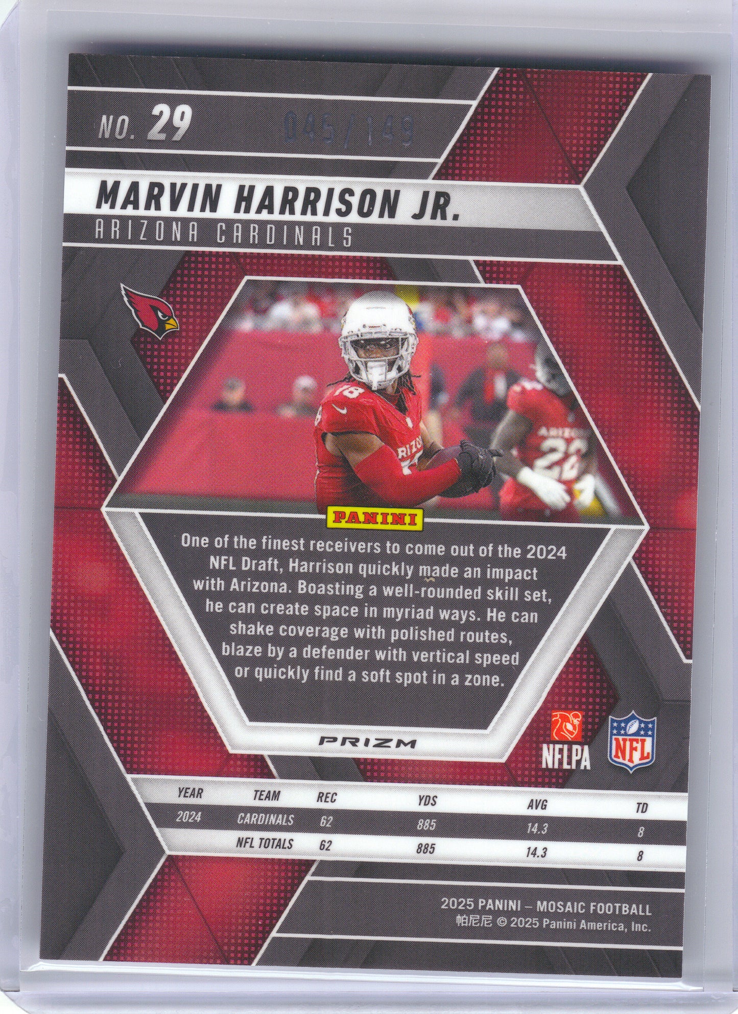 2025 Panini Mosaic #29 Marvin Harrison Jr. Silver Knight #/149 Arizona Cardinals SN