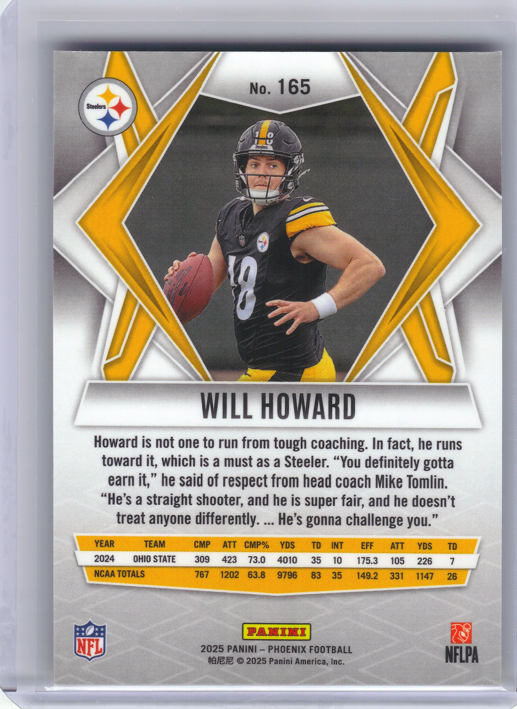 2025 Panini Phoenix #165 Will Howard Pittsburgh Steelers RC