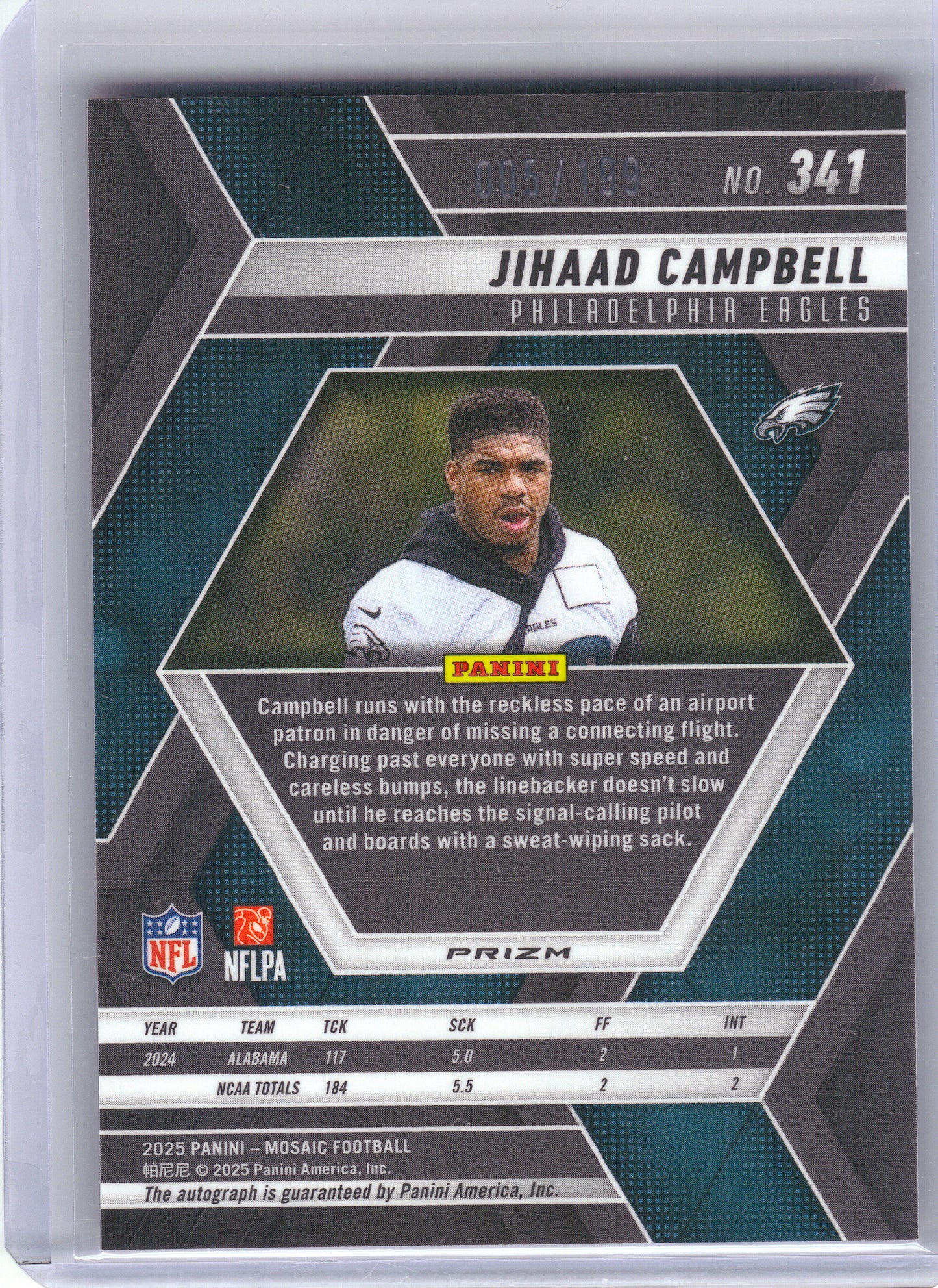 2025 Panini Mosaic #341 Jihaad Campbell Rookie Autographs Mosaic Red #/199 Philadelphia Eagles SN,RC,AU