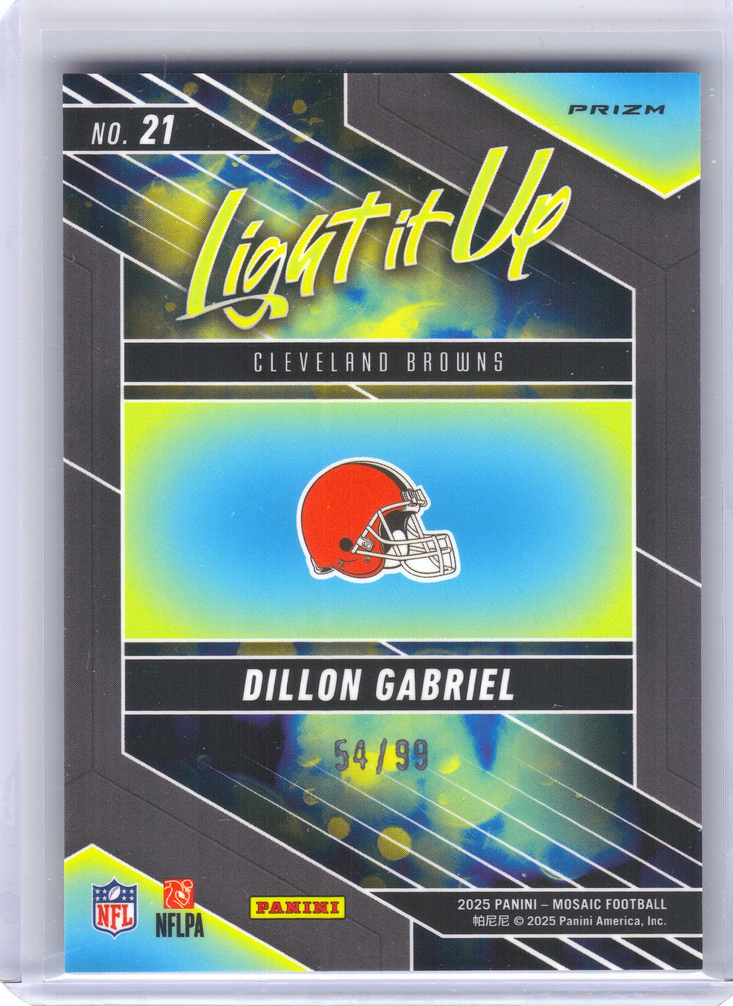 2025 Panini Mosaic #21 Dillon Gabriel Light It Up Mosaic Blue #/99 Cleveland Browns SN