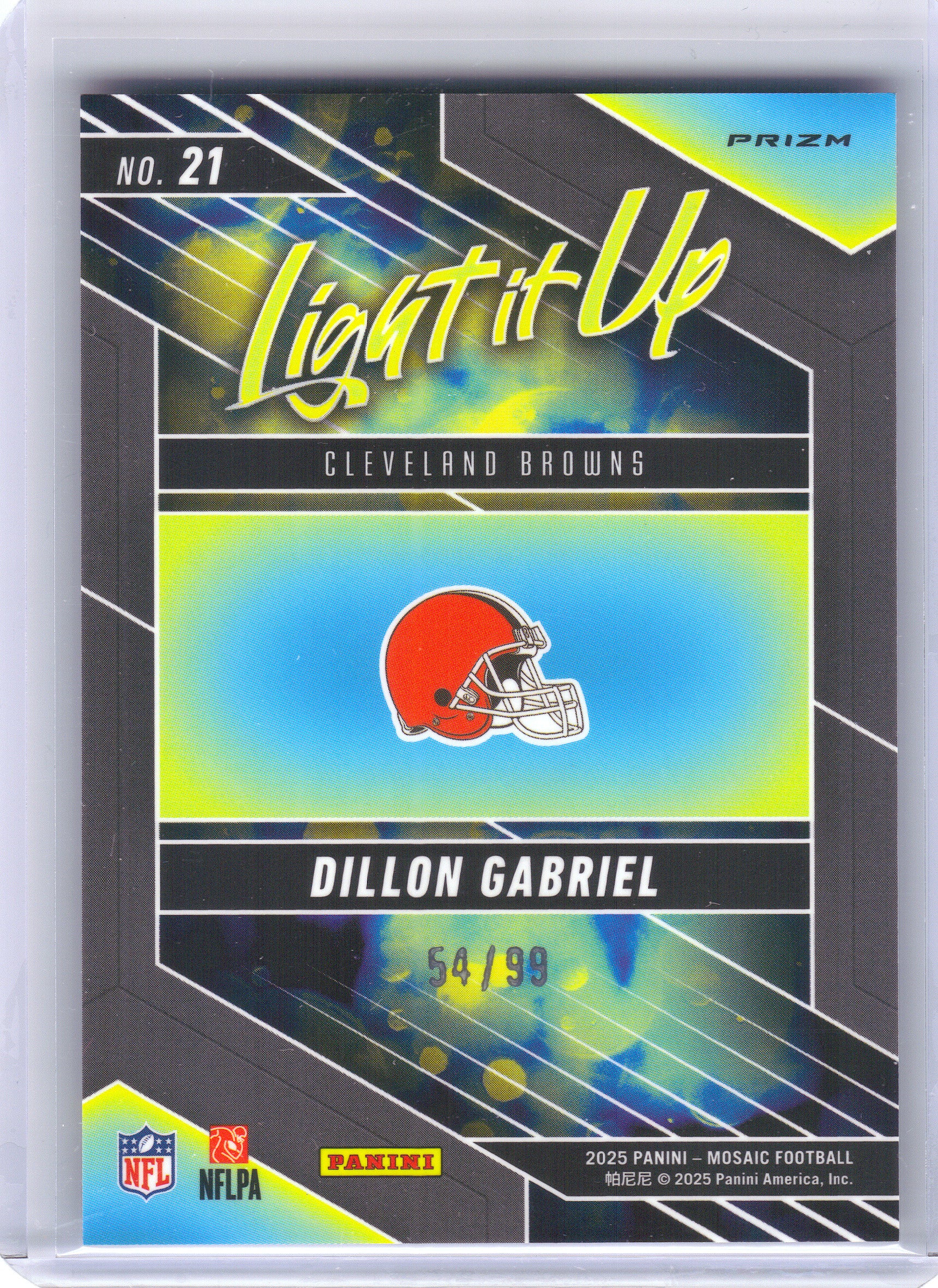 2025 Panini Mosaic #21 Dillon Gabriel Light It Up Mosaic Blue #/99 Cleveland Browns SN