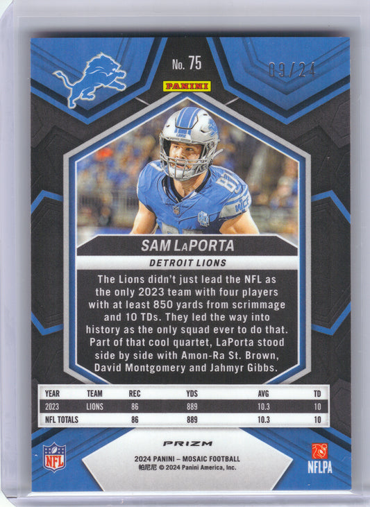 2024 Panini Mosaic #75 Sam LaPorta Gold Sparkle #/24 Detroit Lions SN
