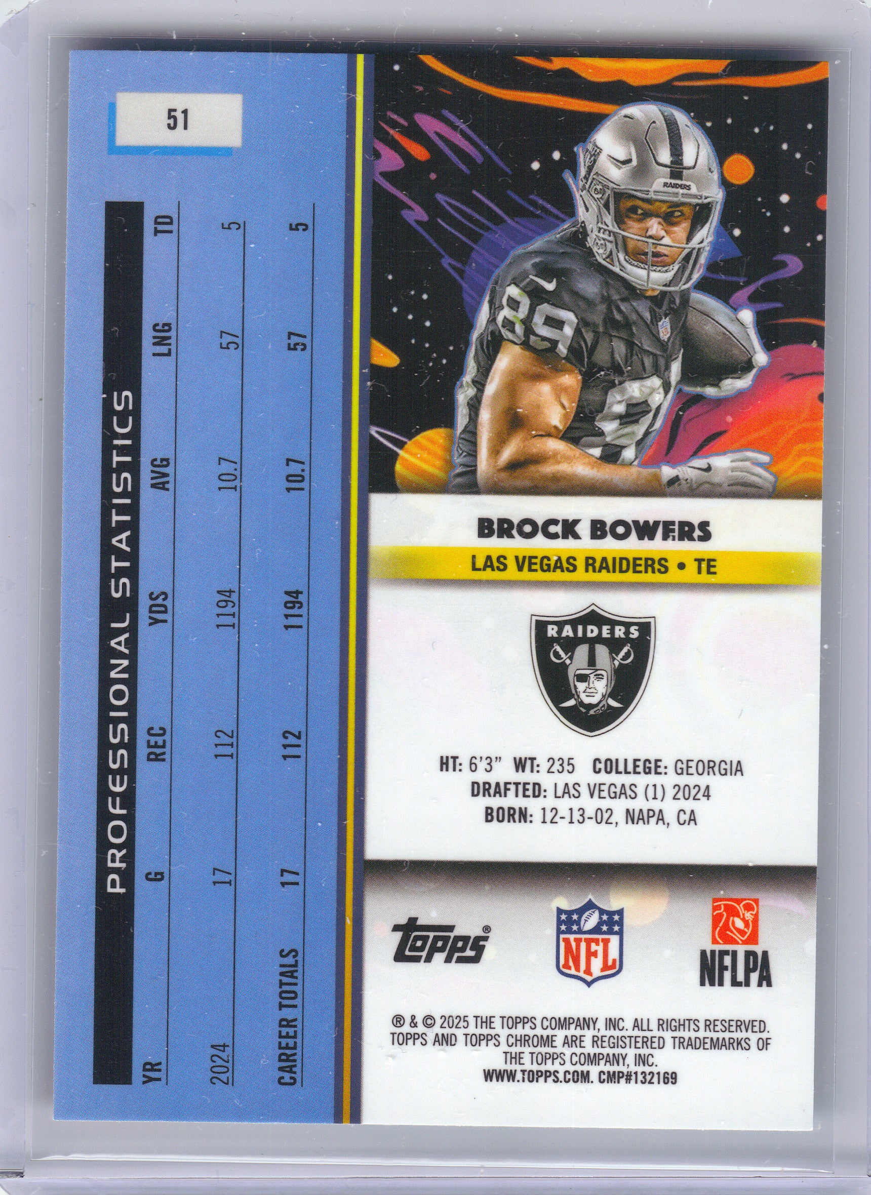 2025 Topps Chrome Cosmic #51 Brock Bowers Aqua Equinox Refractor #/199 Las Vegas Raiders SN