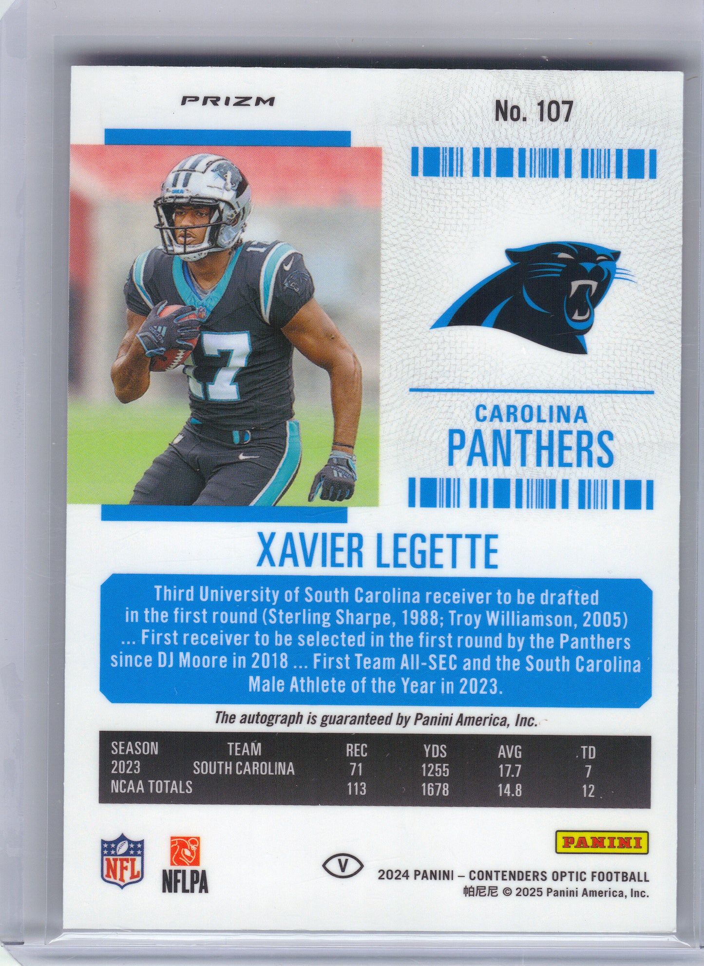 2024 Panini Contenders Optic #107 Xavier Legette Carolina Panthers RC,AU