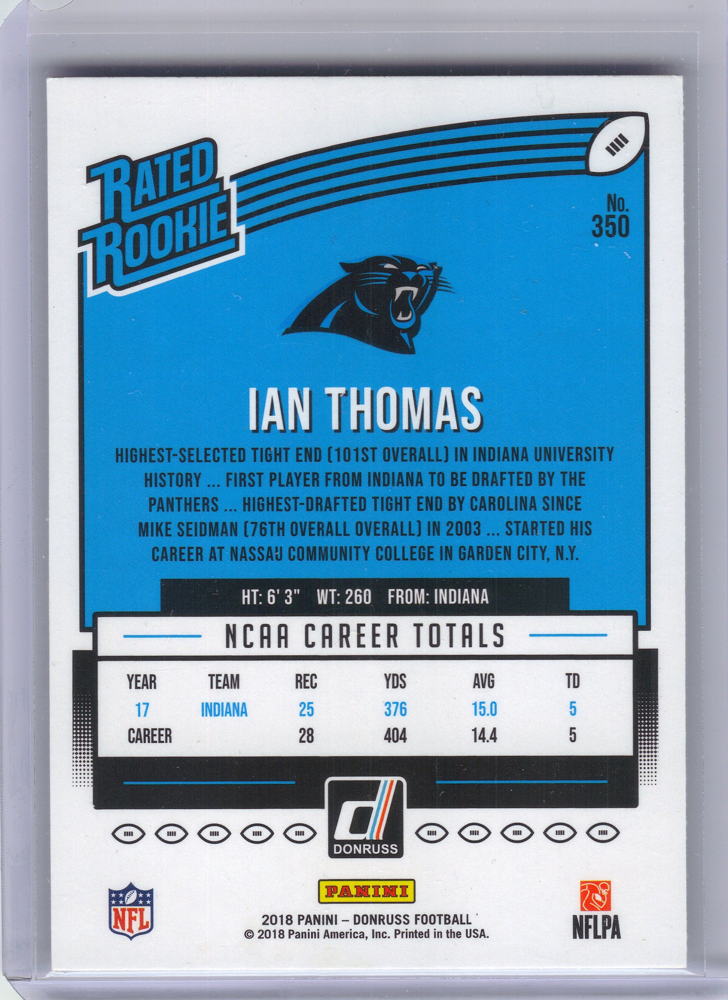 2018 Donruss #350 Ian Thomas Carolina Panthers RC