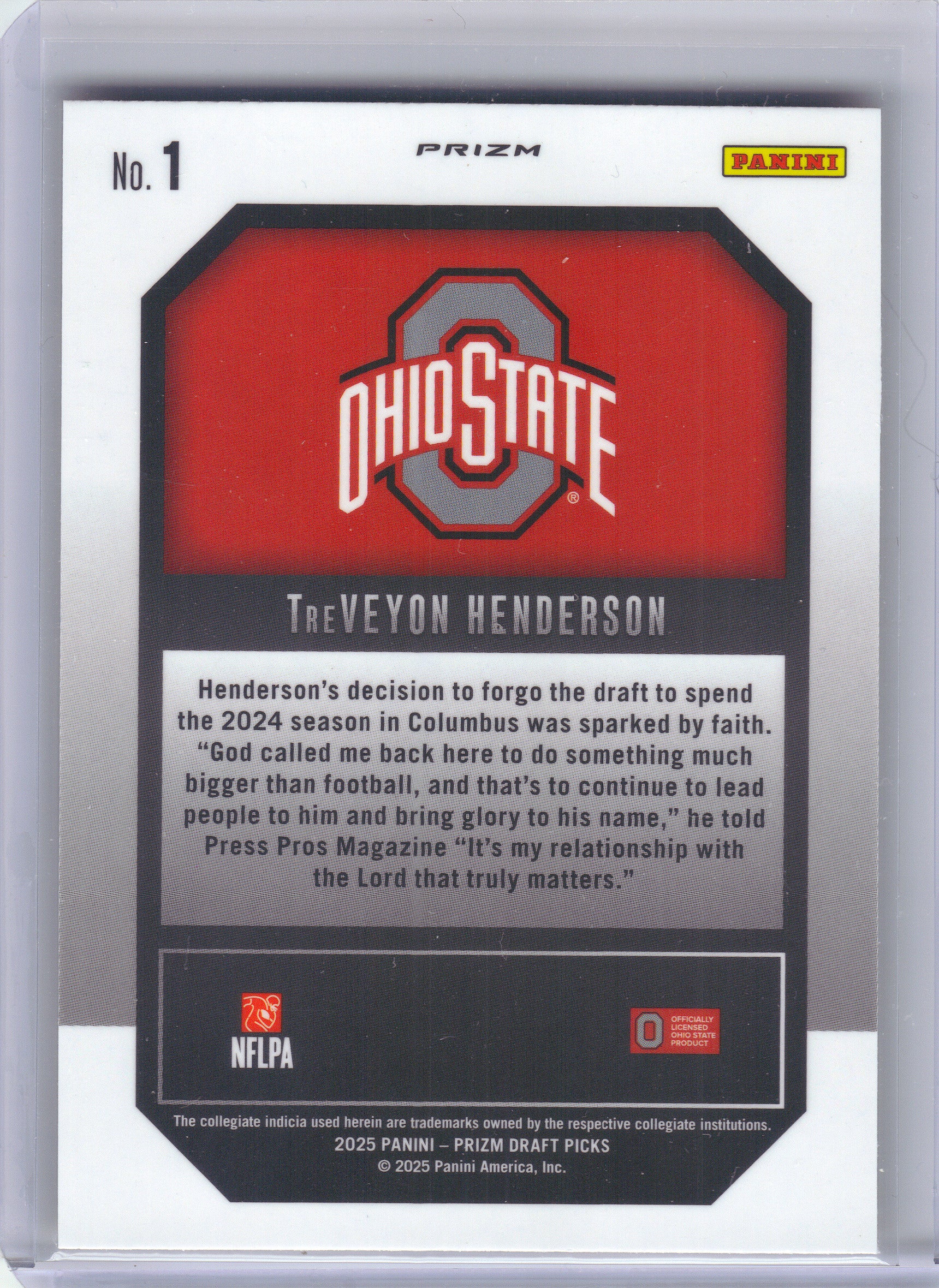 2025 Panini Prizm Draft Picks #1 TreVeyon Henderson New Recruits Gold Ice Ohio State Buckeyes