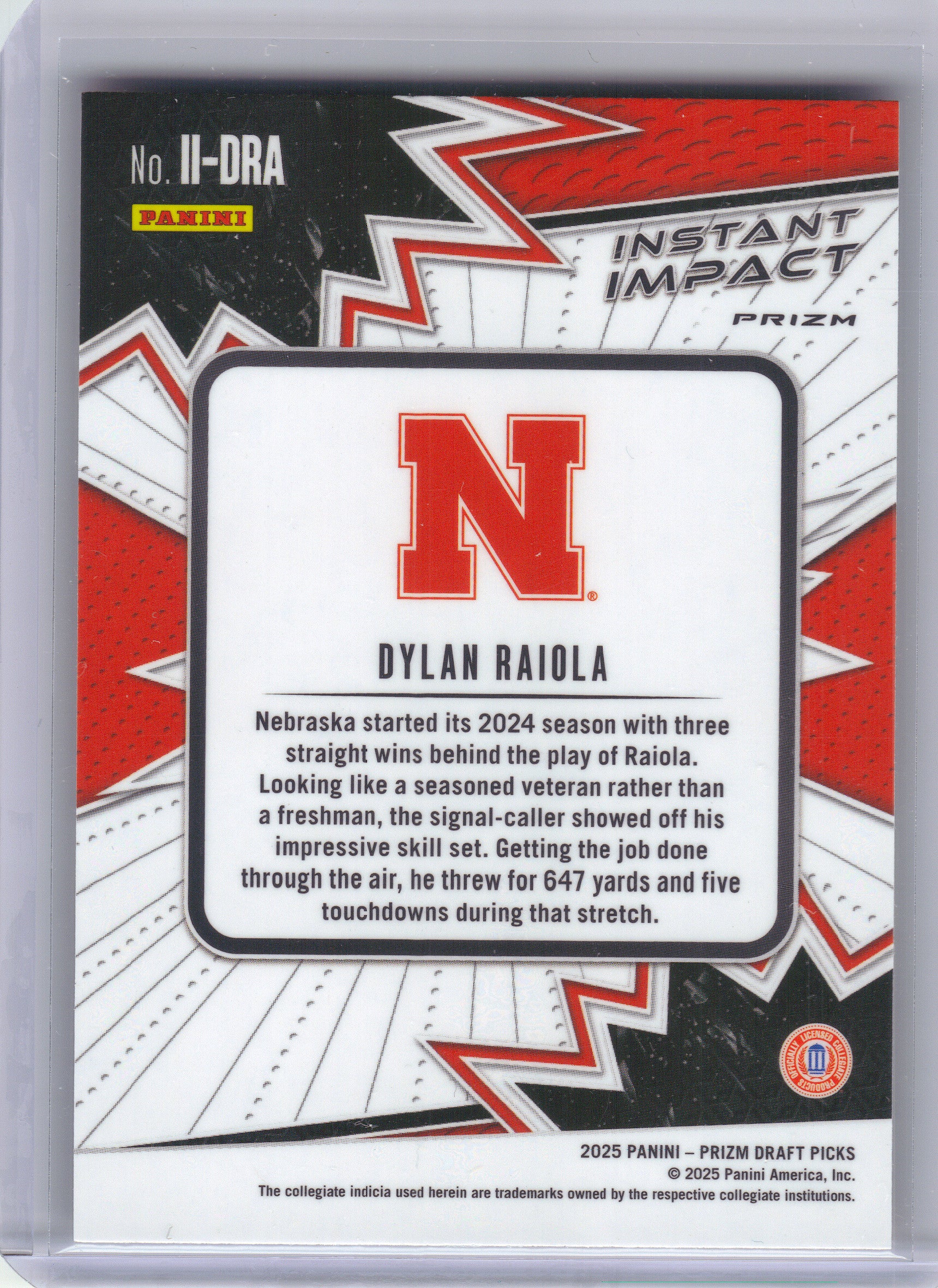 2025 Panini Prizm Draft Picks #II-DRA Dylan Raiola Instant Impact Gold Ice Nebraska Cornhuskers