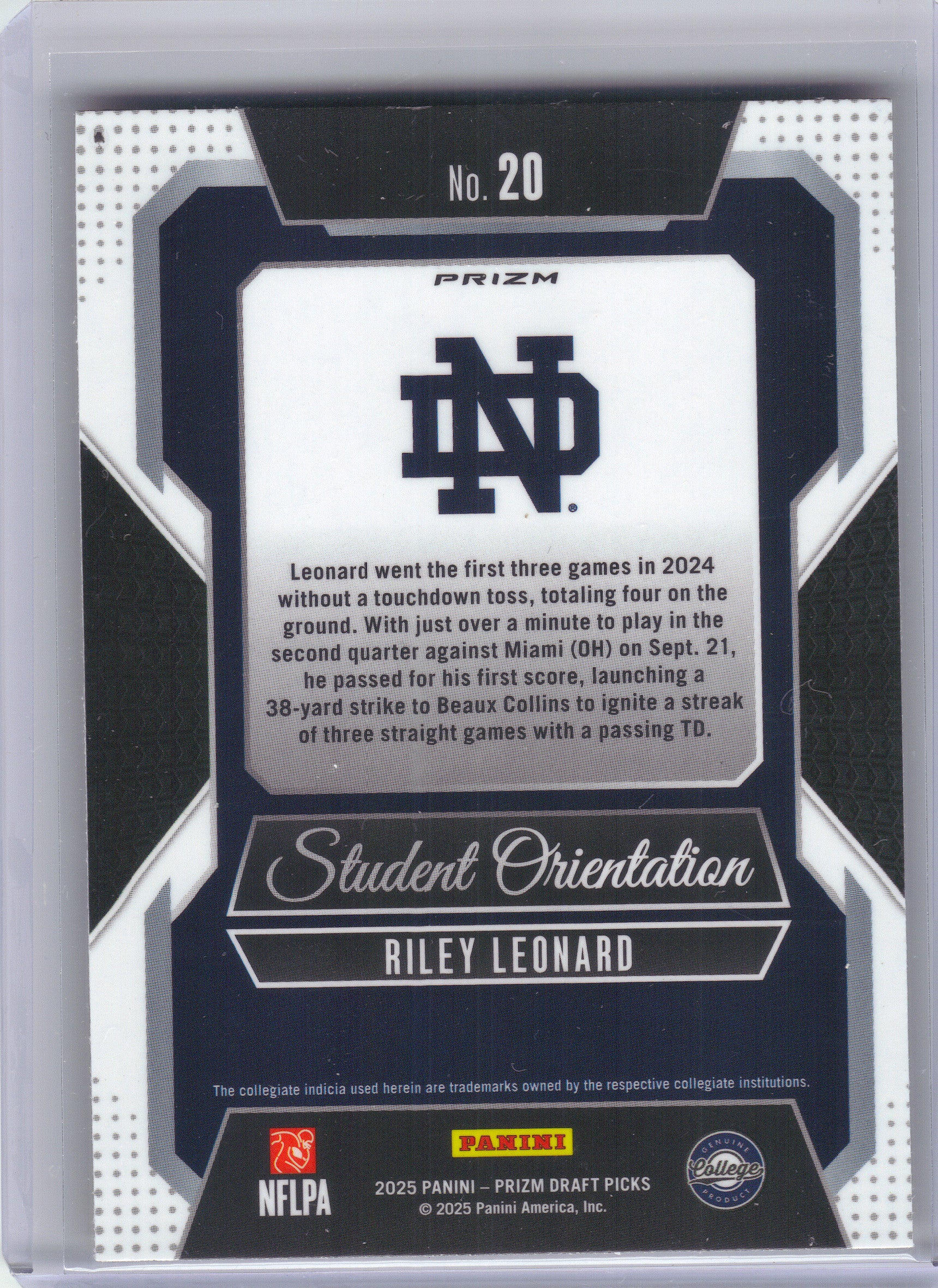 2025 Panini Prizm Draft Picks #20 Riley Leonard Student Orientation Gold Ice Notre Dame Fighting Irish