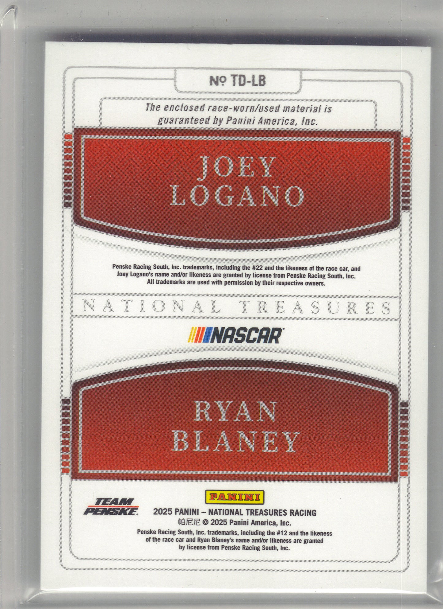 2025 Panini National Treasures #TD-LB Joey Logano / Ryan Blaney Team Duals Bookend Team Penske SN, MEM