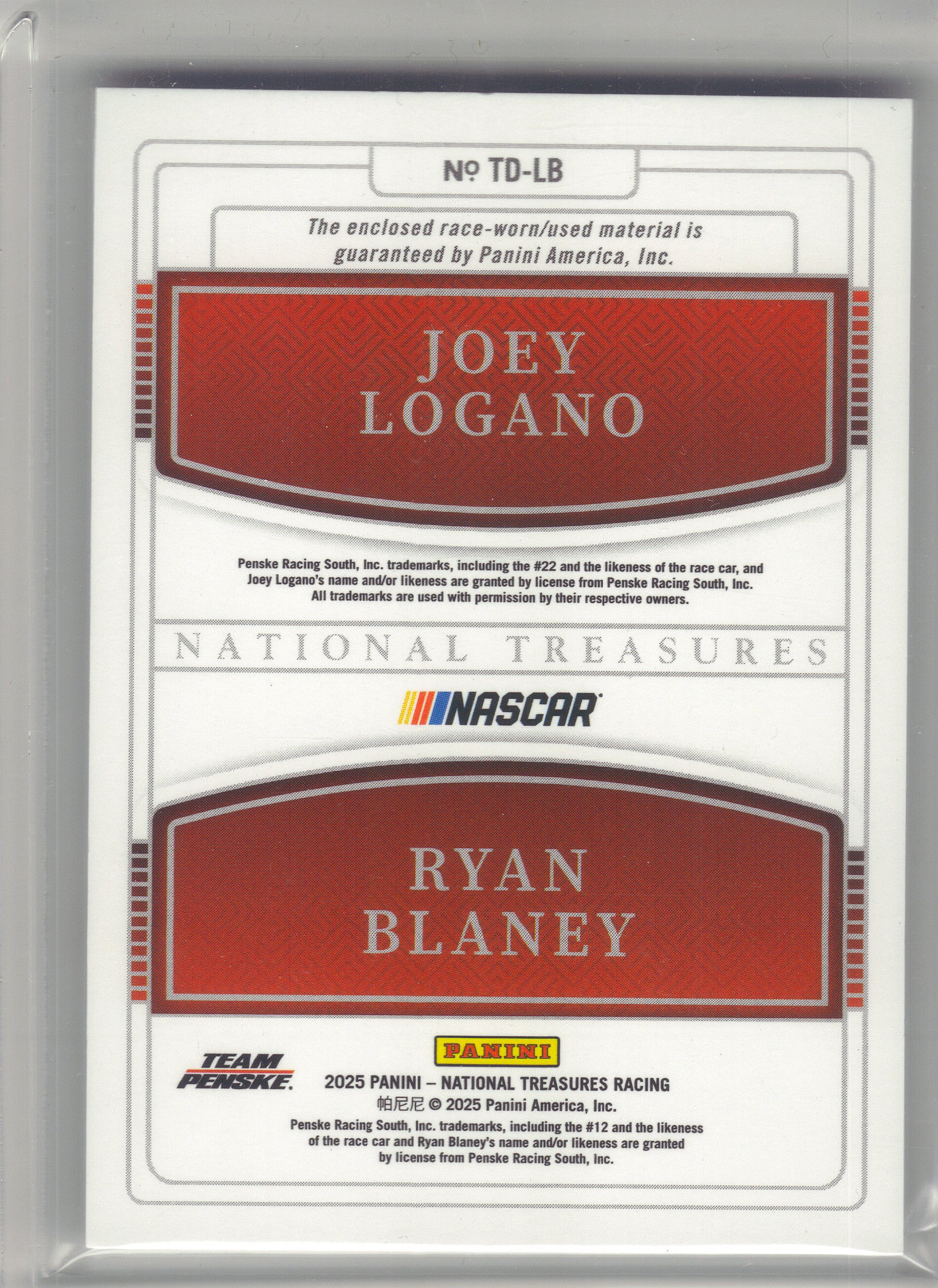 2025 Panini National Treasures #TD-LB Joey Logano / Ryan Blaney Team Duals Bookend Team Penske SN, MEM