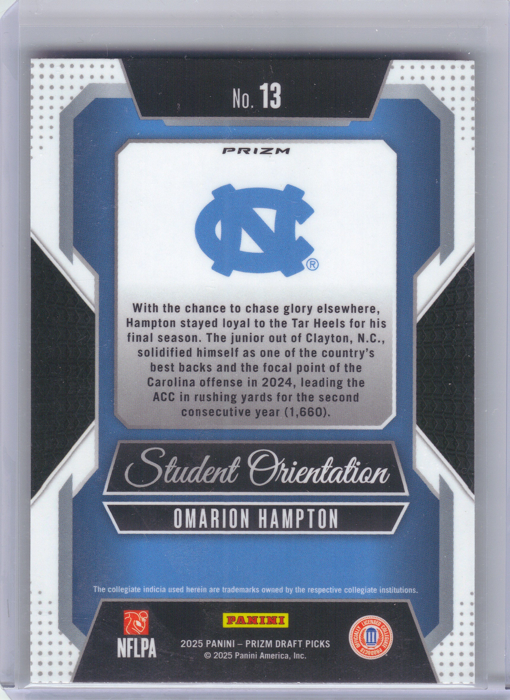 2025 Panini Prizm Draft Picks #13 Omarion Hampton Student Orientation Gold Ice North Carolina Tar Heels