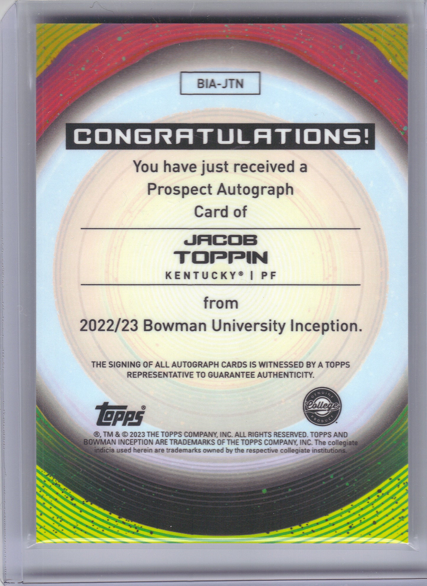 2022-23 Bowman University Inception #BIA-JTN Jacob Toppin Base Autographs Kentucky Wildcats AU