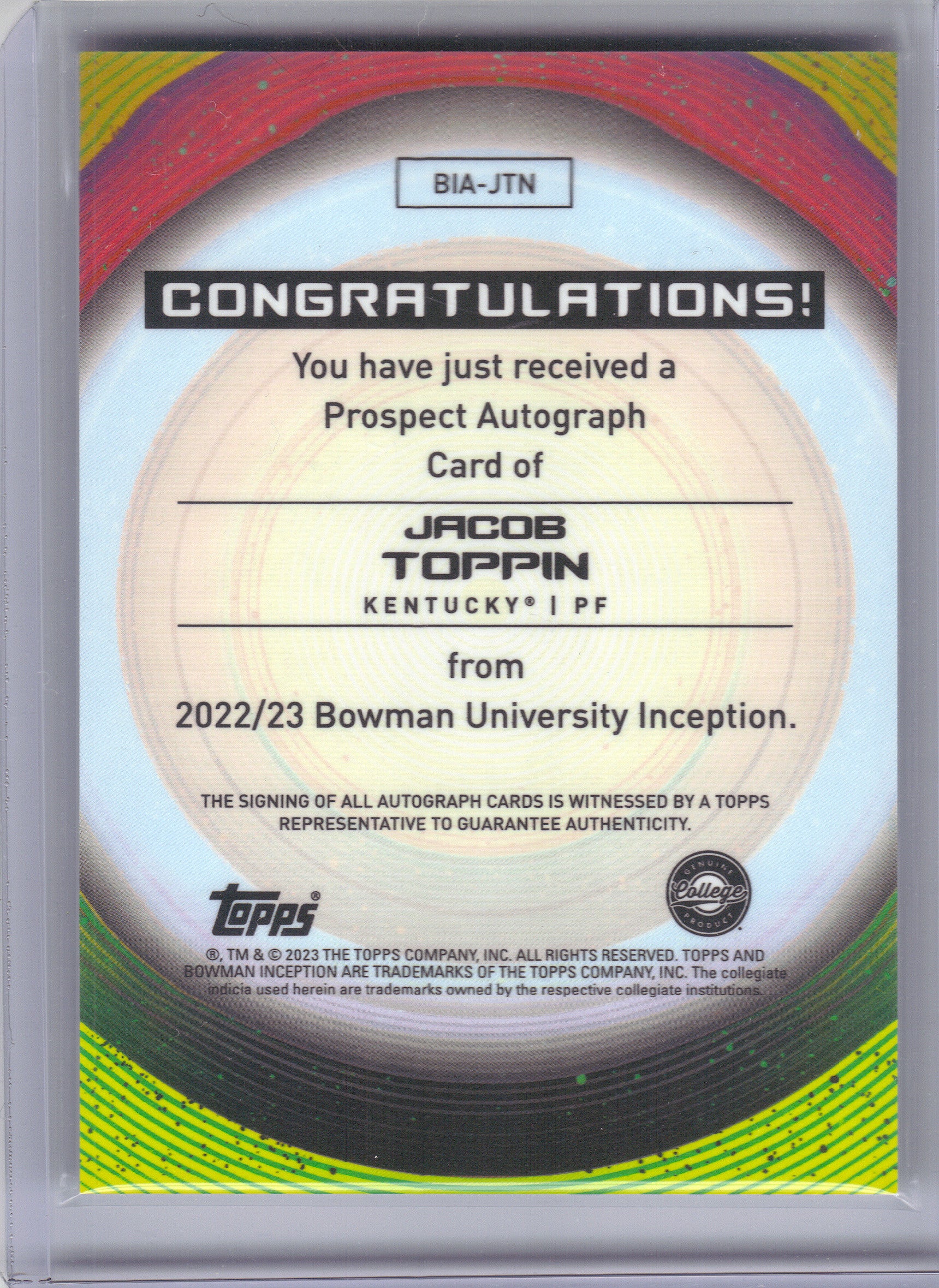 2022-23 Bowman University Inception #BIA-JTN Jacob Toppin Base Autographs Kentucky Wildcats AU