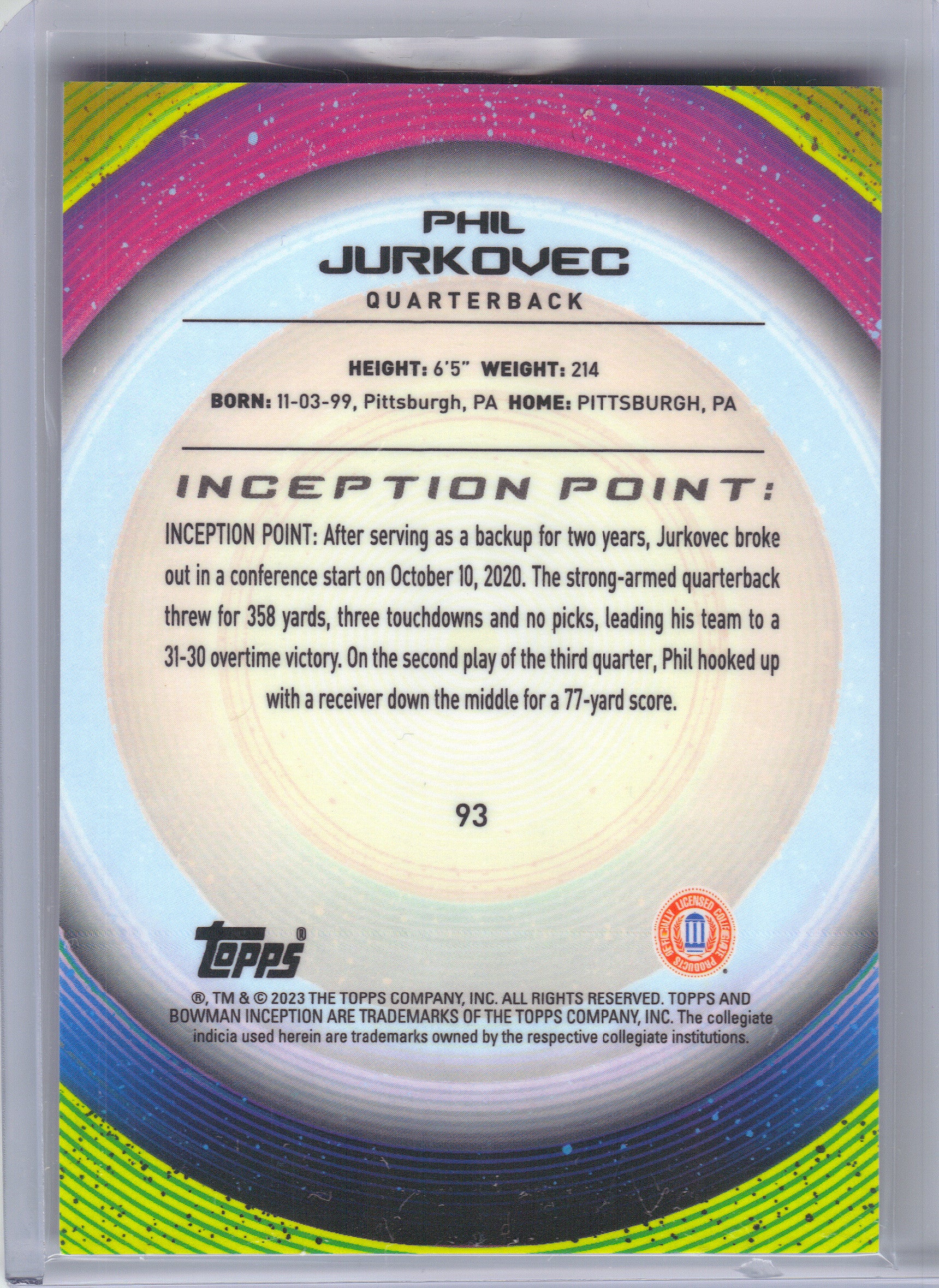 2022-23 Bowman University Inception #93 Phil Jurkovec Pittsburgh Panthers