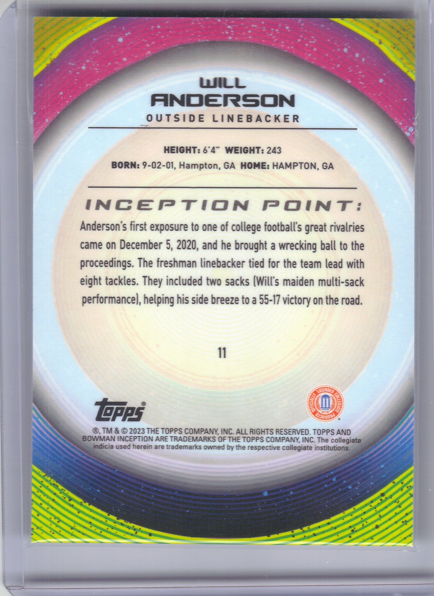 2022-23 Bowman University Inception #11 Will Anderson Alabama Crimson Tide