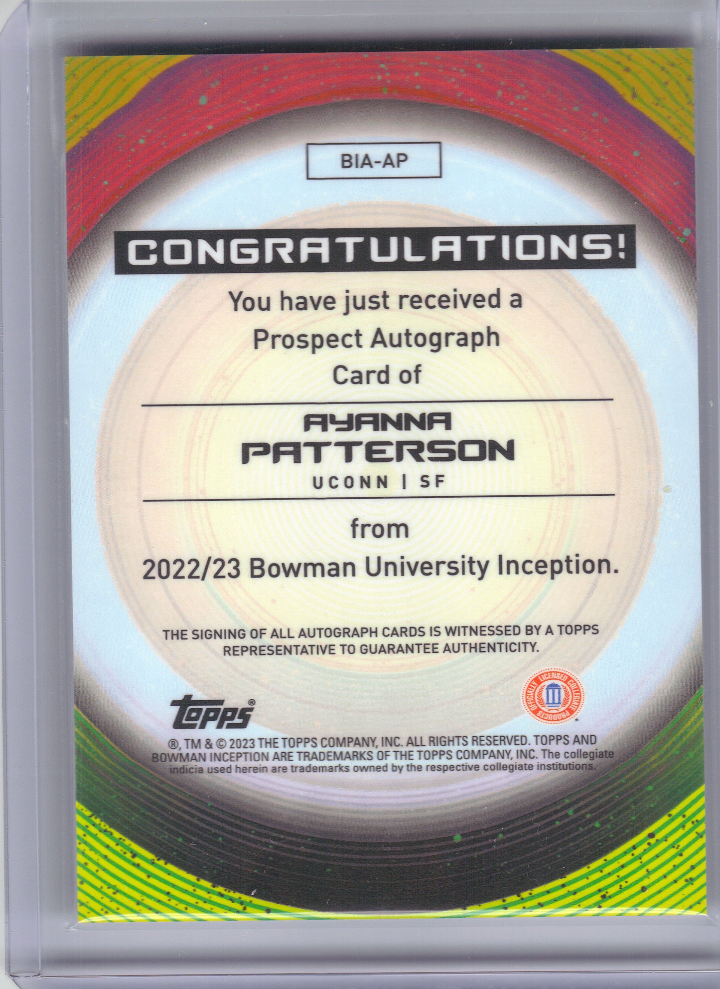 2022-23 Bowman University Inception #BIA-AP Ayanna Patterson Base Autographs Connecticut Huskies AU