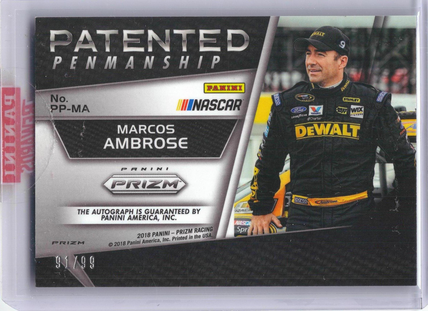 2018 Panini Prizm #PP-MA Marcos Ambrose Patented Penmanship Green Prizm #/99 Richard Petty Motorsports SN, AU