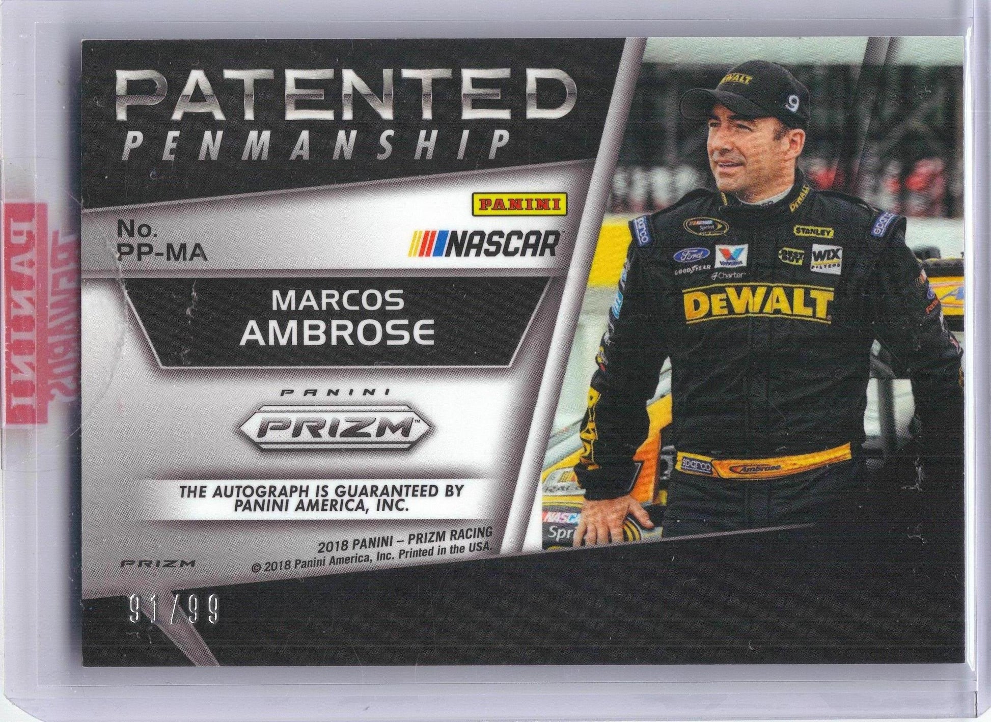 2018 Panini Prizm #PP-MA Marcos Ambrose Patented Penmanship Green Prizm #/99 Richard Petty Motorsports SN, AU