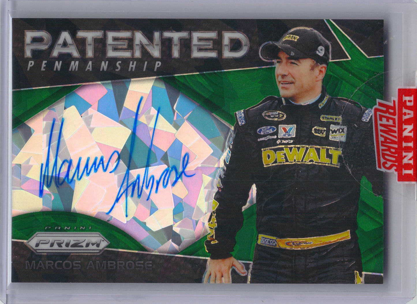 2018 Panini Prizm #PP-MA Marcos Ambrose Patented Penmanship Green Prizm #/99 Richard Petty Motorsports SN, AU