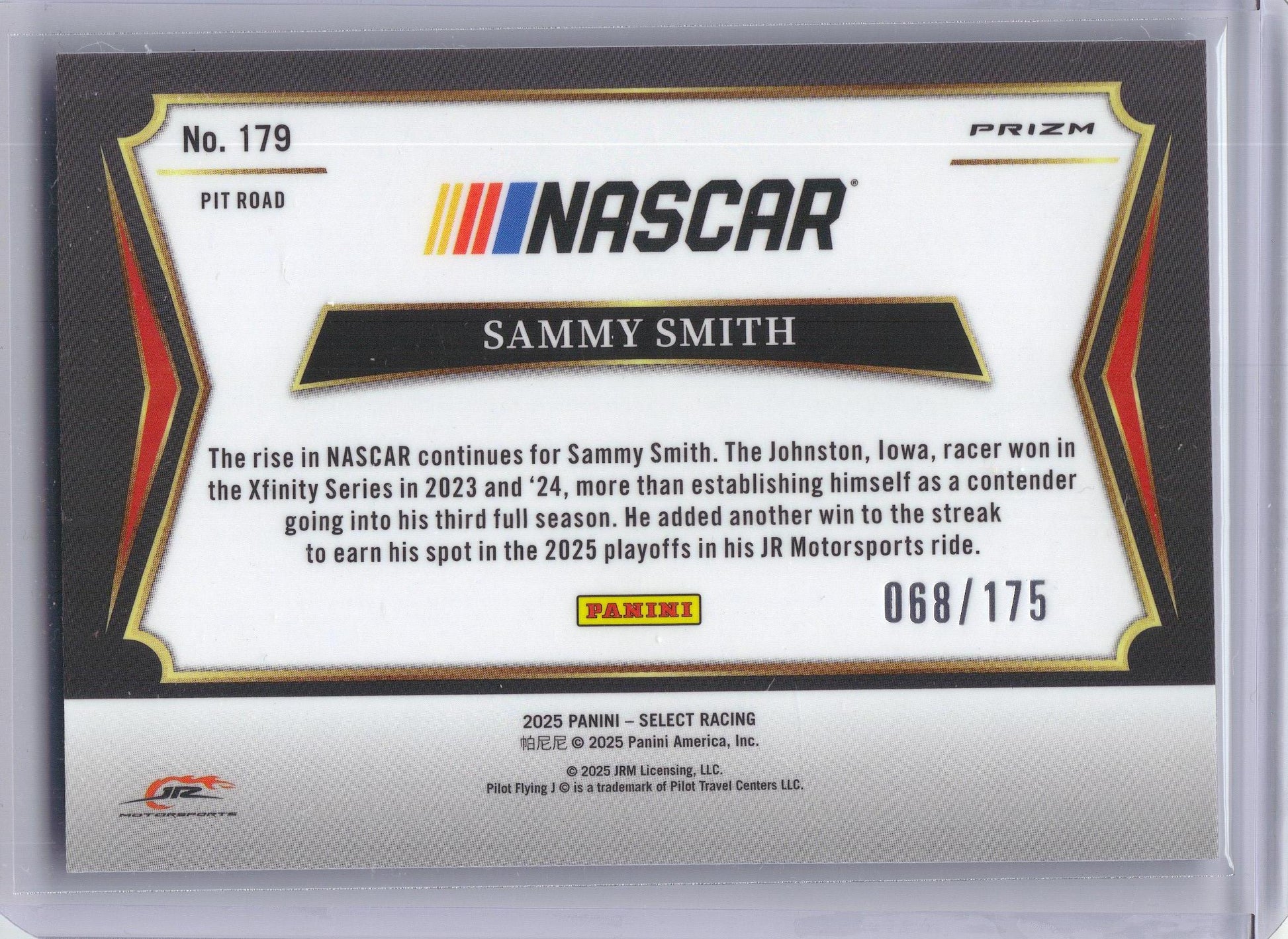 2025 Panini Select #179 Sammy Smith Blue Prizms x JR Motorsports SN