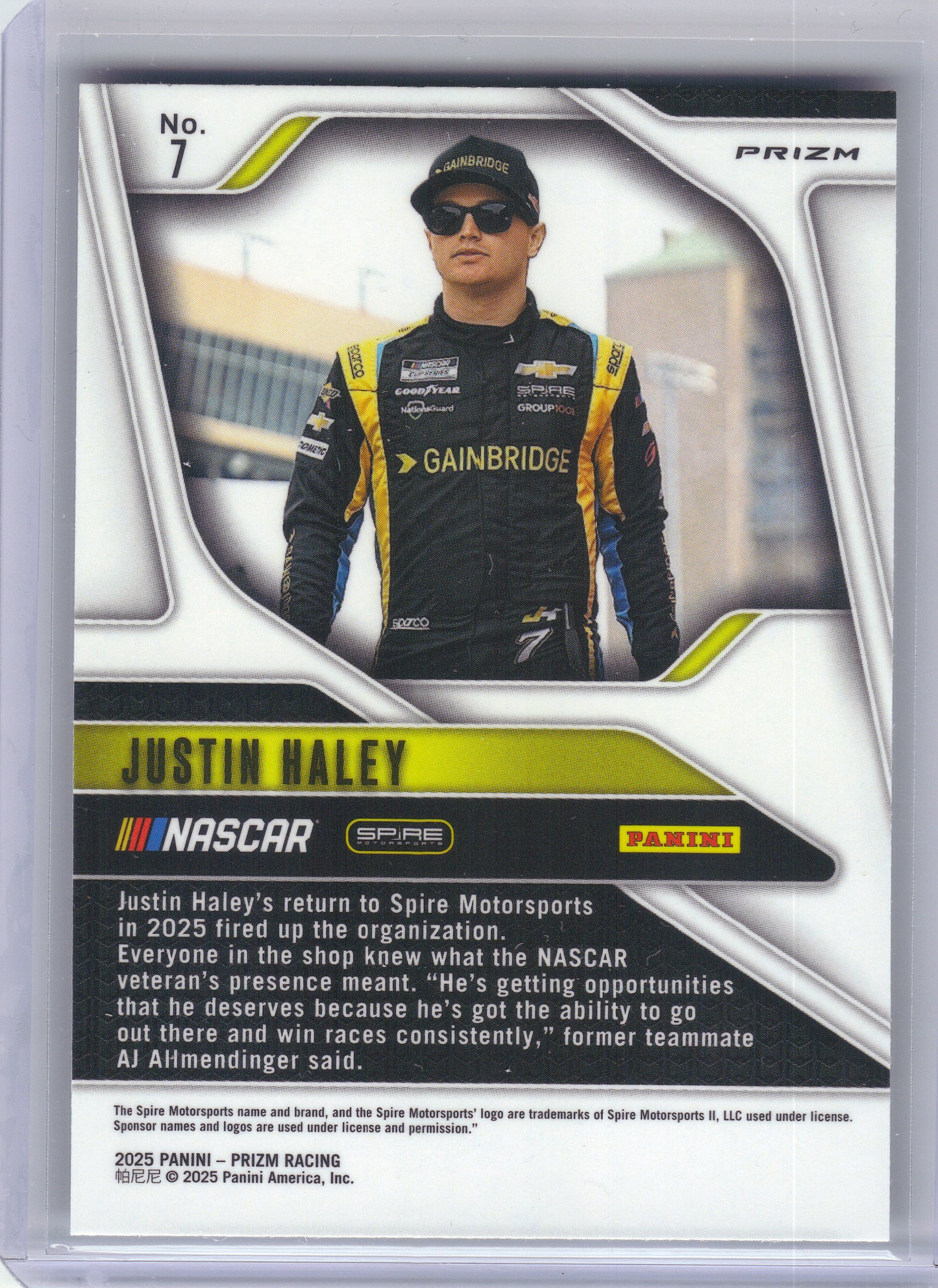 2025 Panini Prizm #7 Justin Haley White Sparkle Spire Motorsports