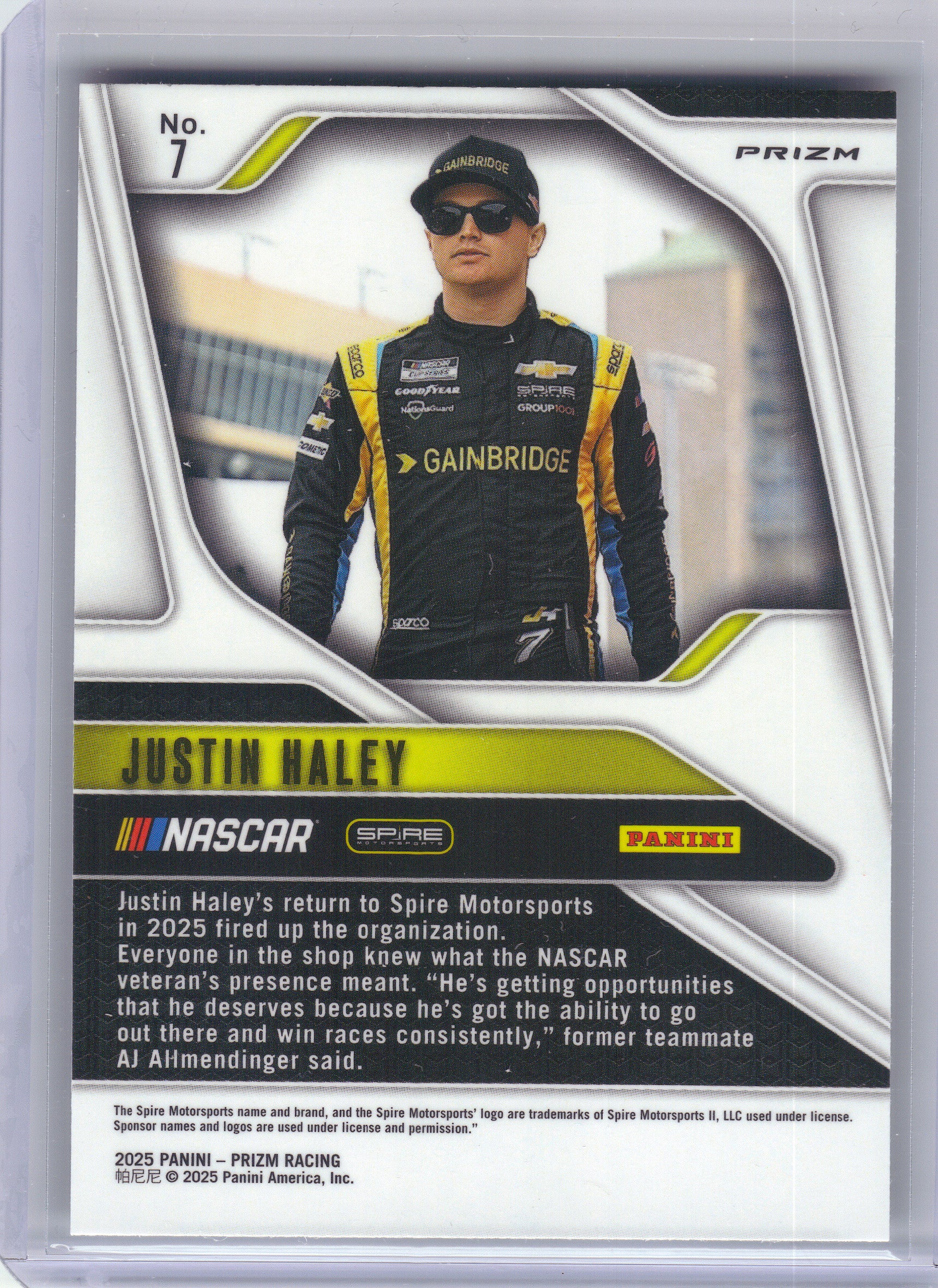 2025 Panini Prizm #7 Justin Haley White Sparkle Spire Motorsports