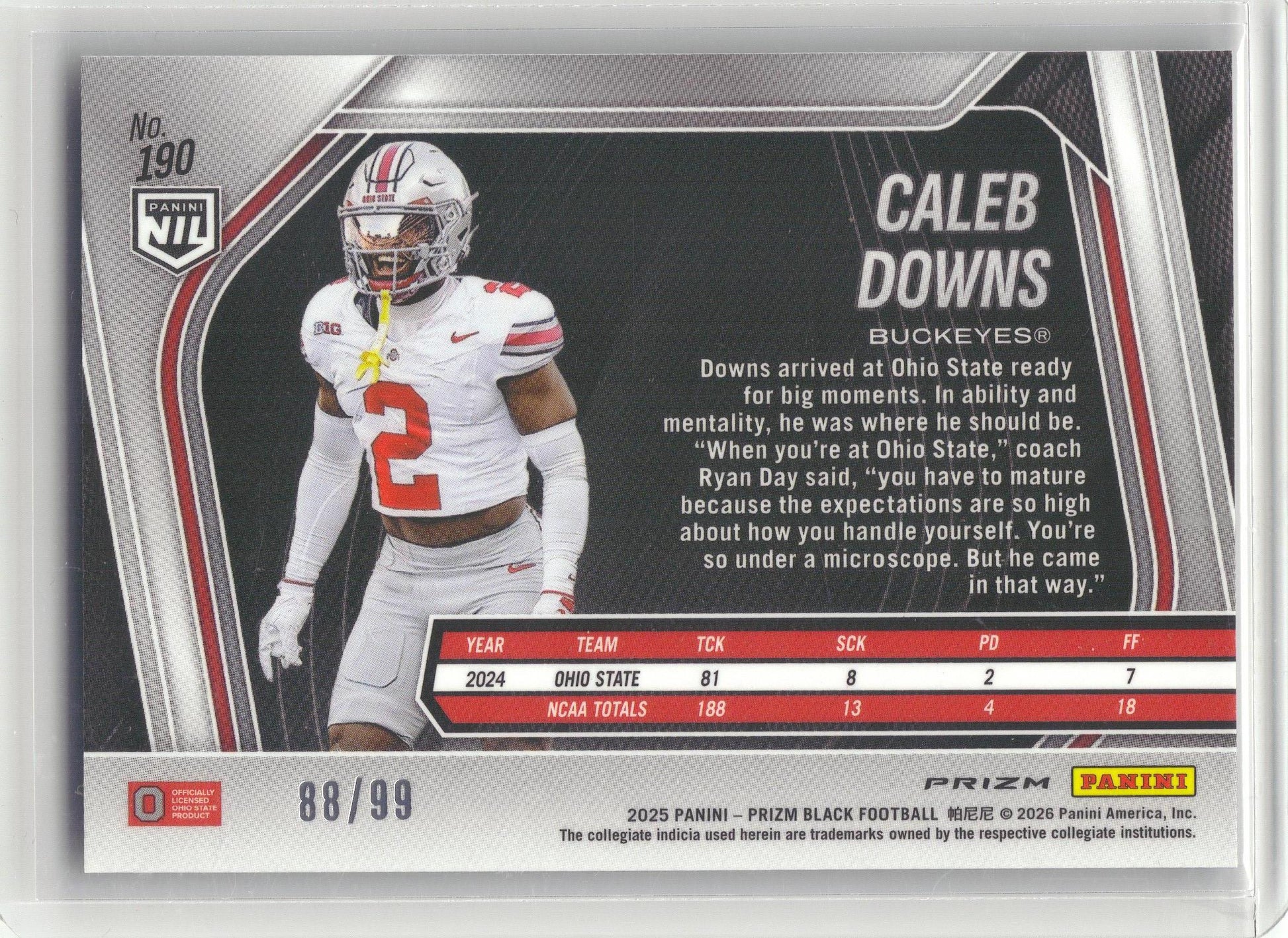 2025 Panini Prizm Black #190 Caleb Downs Prizms Purple #/99 Ohio State Buckeyes SN