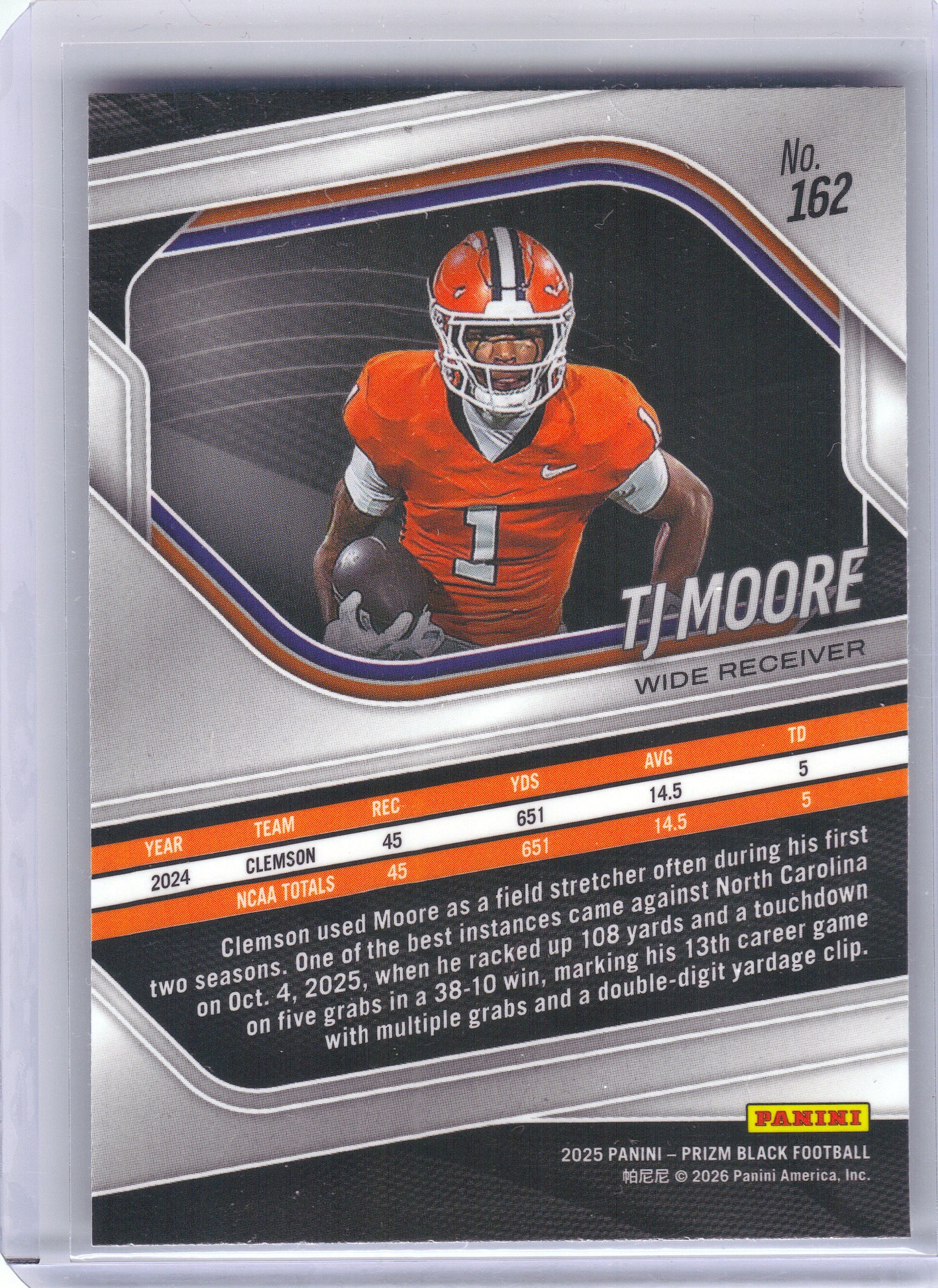 2025 Panini Prizm Black #162 T.J. Moore Prizms Purple Ice #/149 Clemson Tigers SN