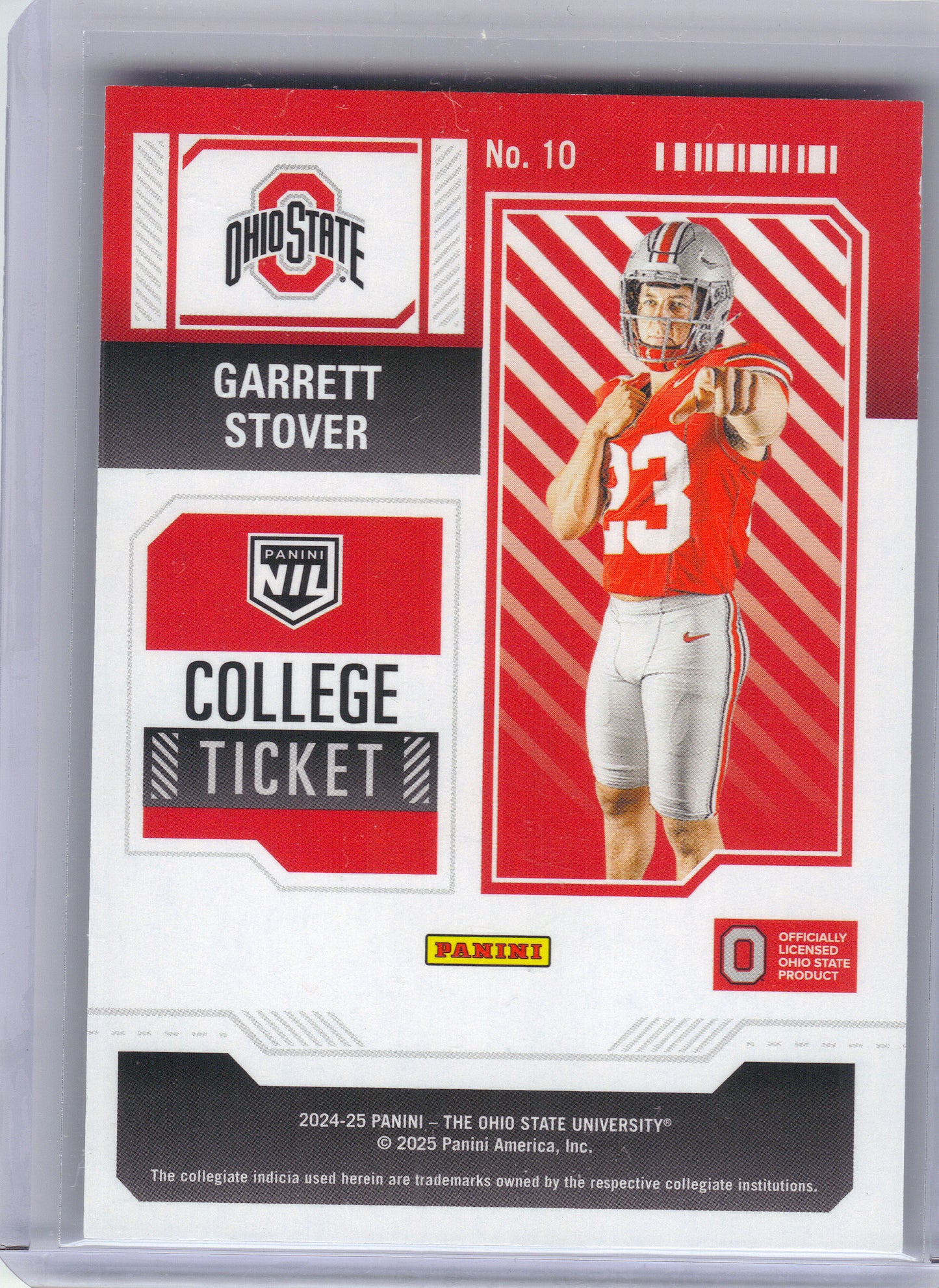 2025 Panini Ohio State University #10 Garrett Stover Diamond Plate Ohio State Buckeyes