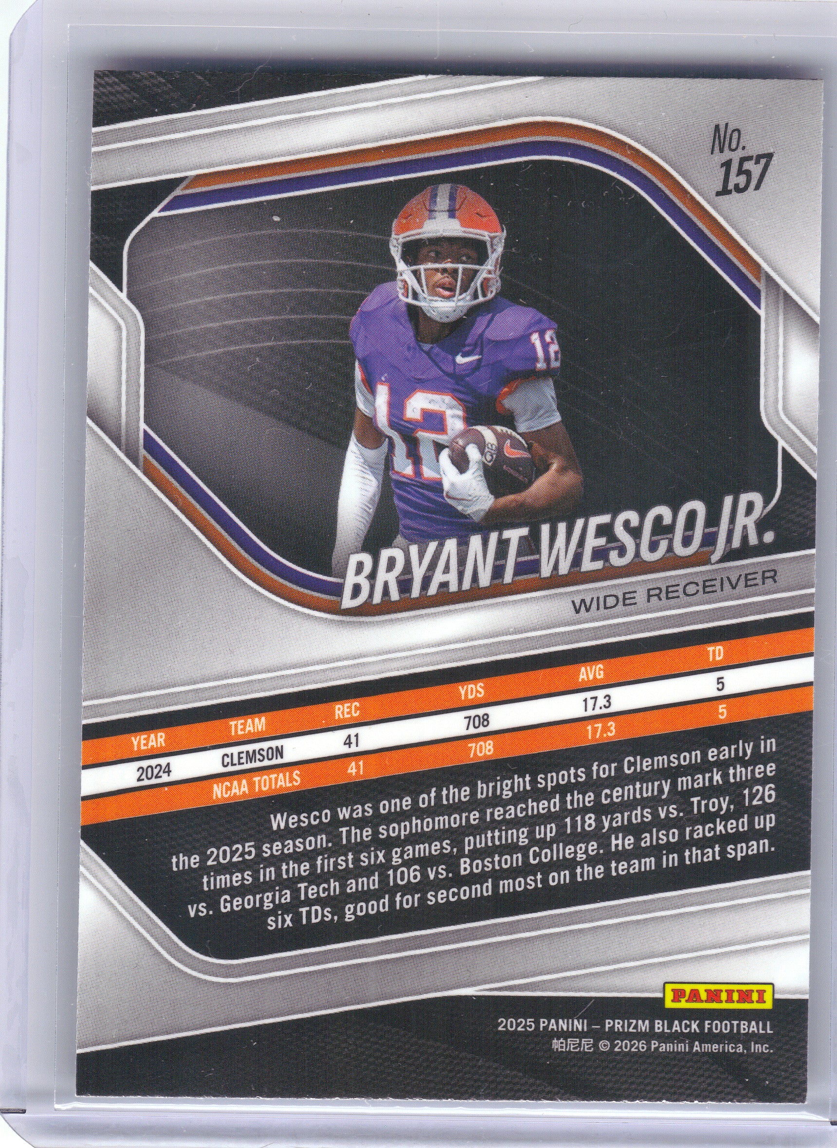 2025 Panini Prizm Black #157 Bryant Wesco Jr. Clemson Tigers