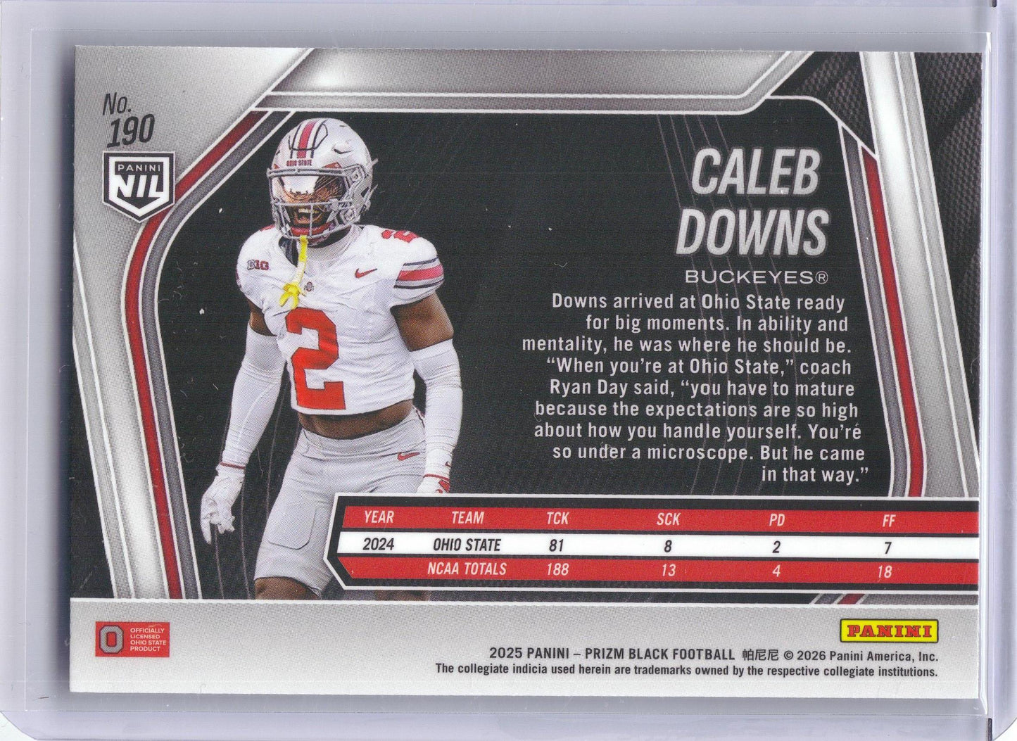 2025 Panini Prizm Black #190 Caleb Downs Ohio State Buckeyes