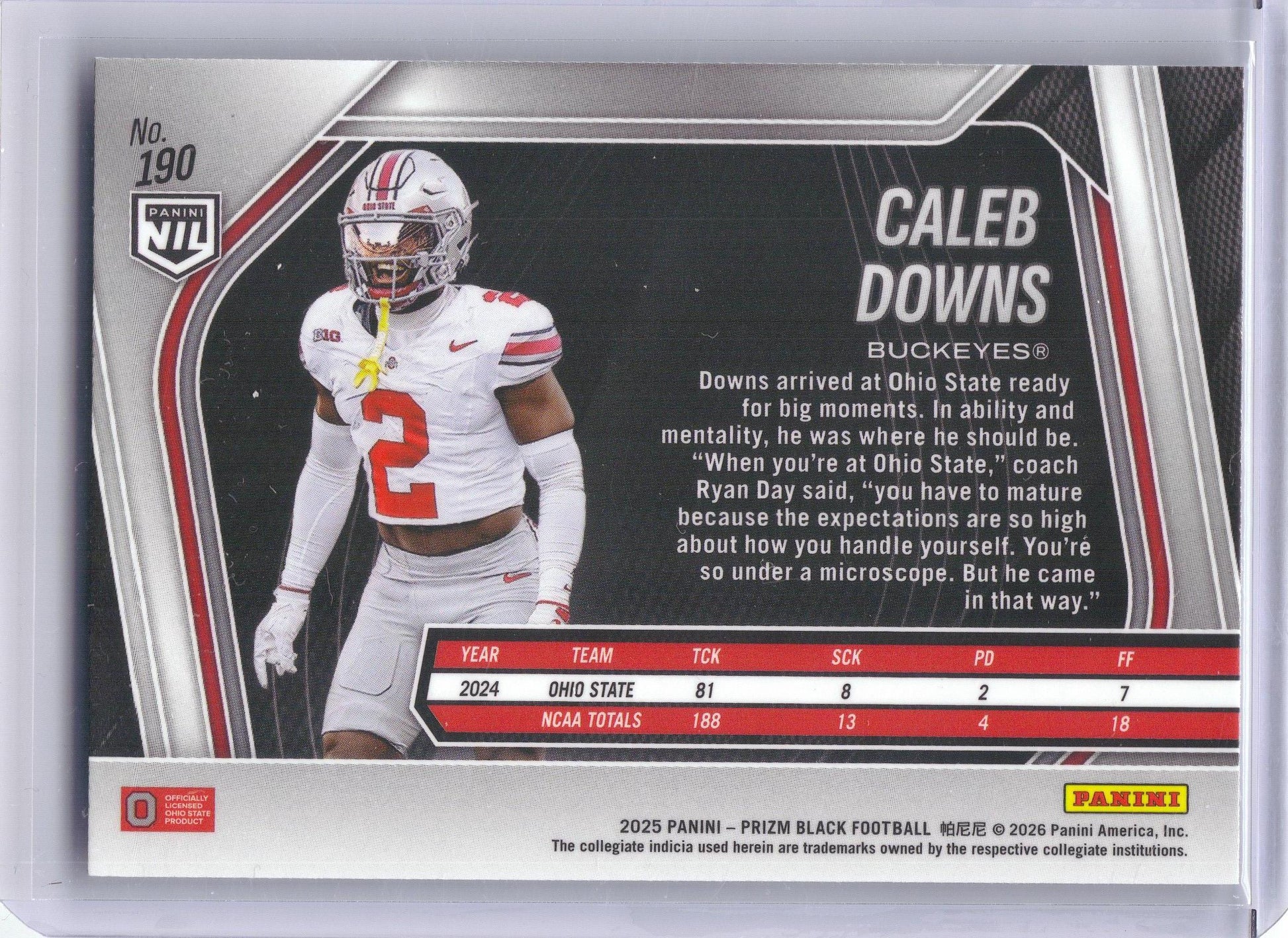 2025 Panini Prizm Black #190 Caleb Downs Ohio State Buckeyes