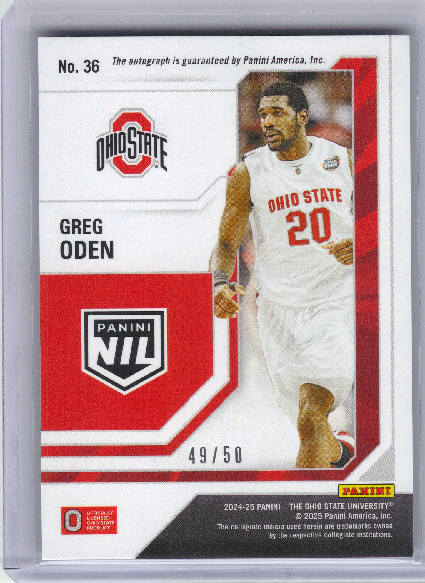 2025 Panini Ohio State University #36 Greg Oden Autographs Purple #/50 Ohio State Buckeyes SN,AU